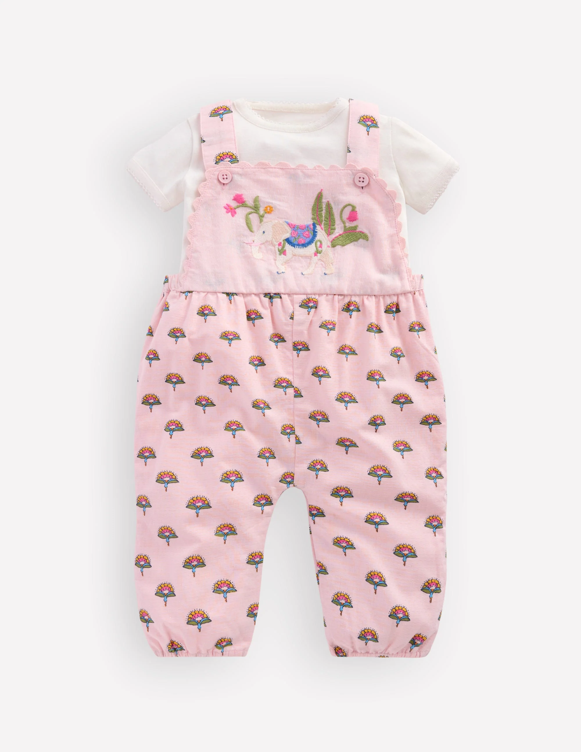 Embroidered Romper Set-Pink Elephant