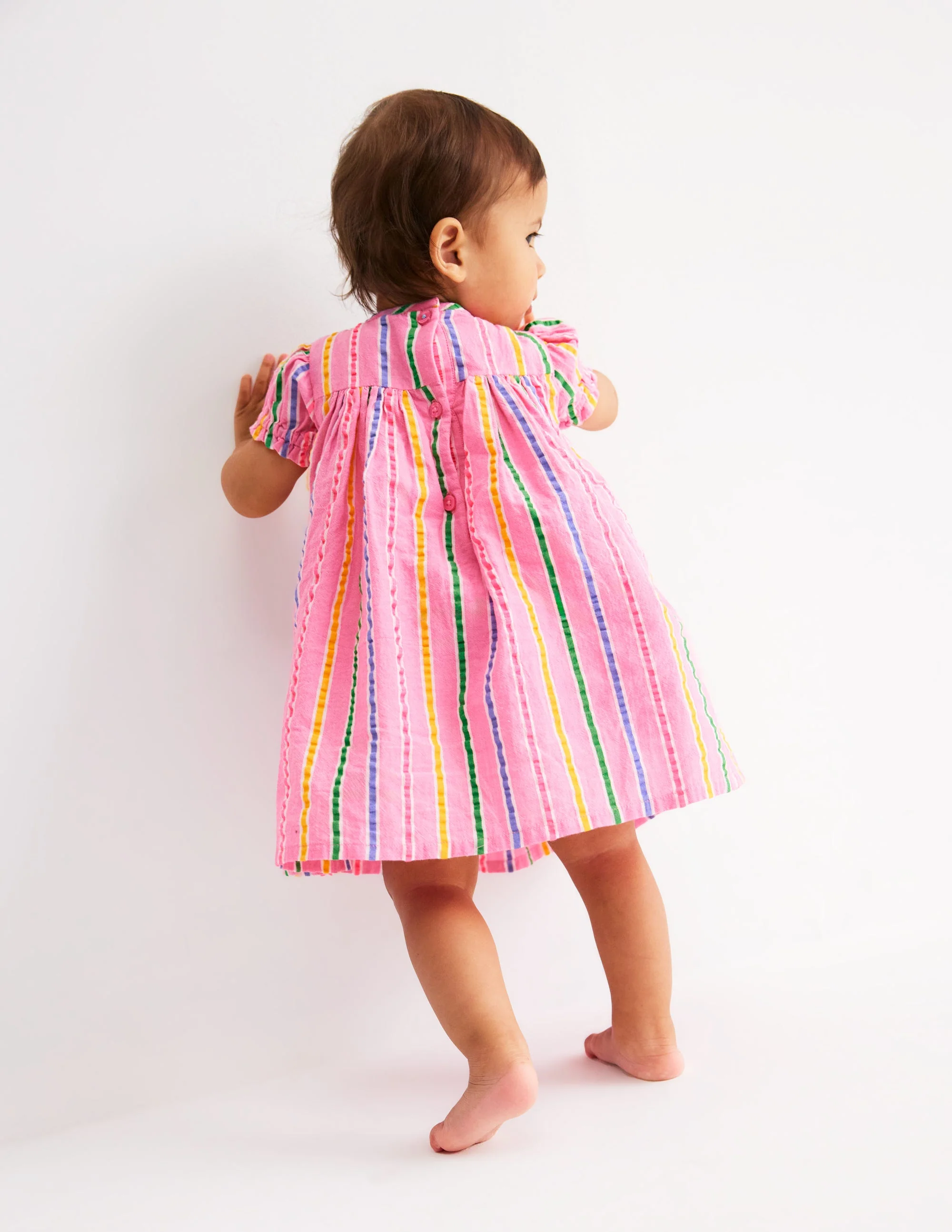 Gathered Woven Dress-Neon Pink Multi Stripe - Image 2