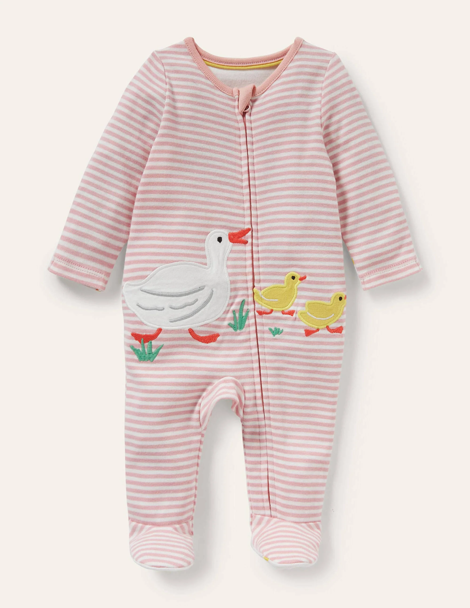 GOTS Organic Zip-up Sleepsuit-Ivory/Boto Pink Ducks