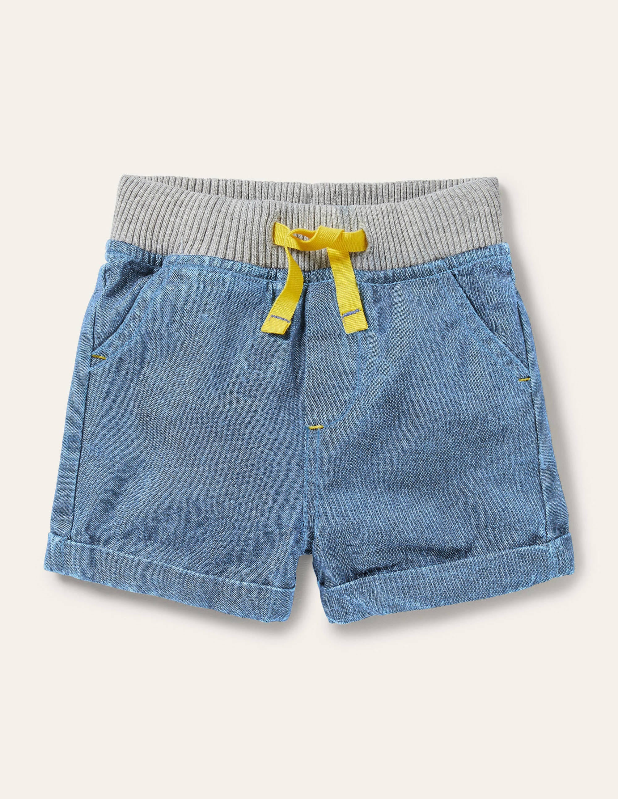 Rib Waist Woven Shorts-Mid Chambray