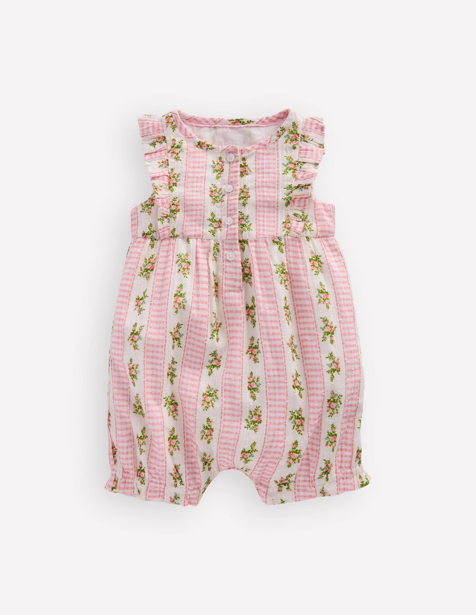 Short Frill Bubble Romper-Pink Gingham Floral