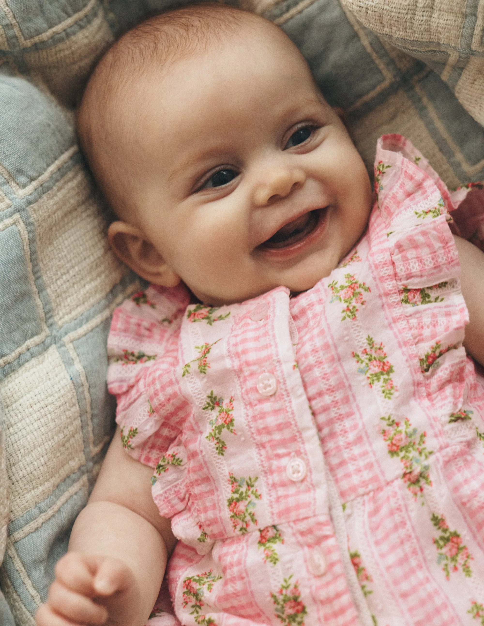 Short Frill Bubble Romper-Pink Gingham Floral - Image 5