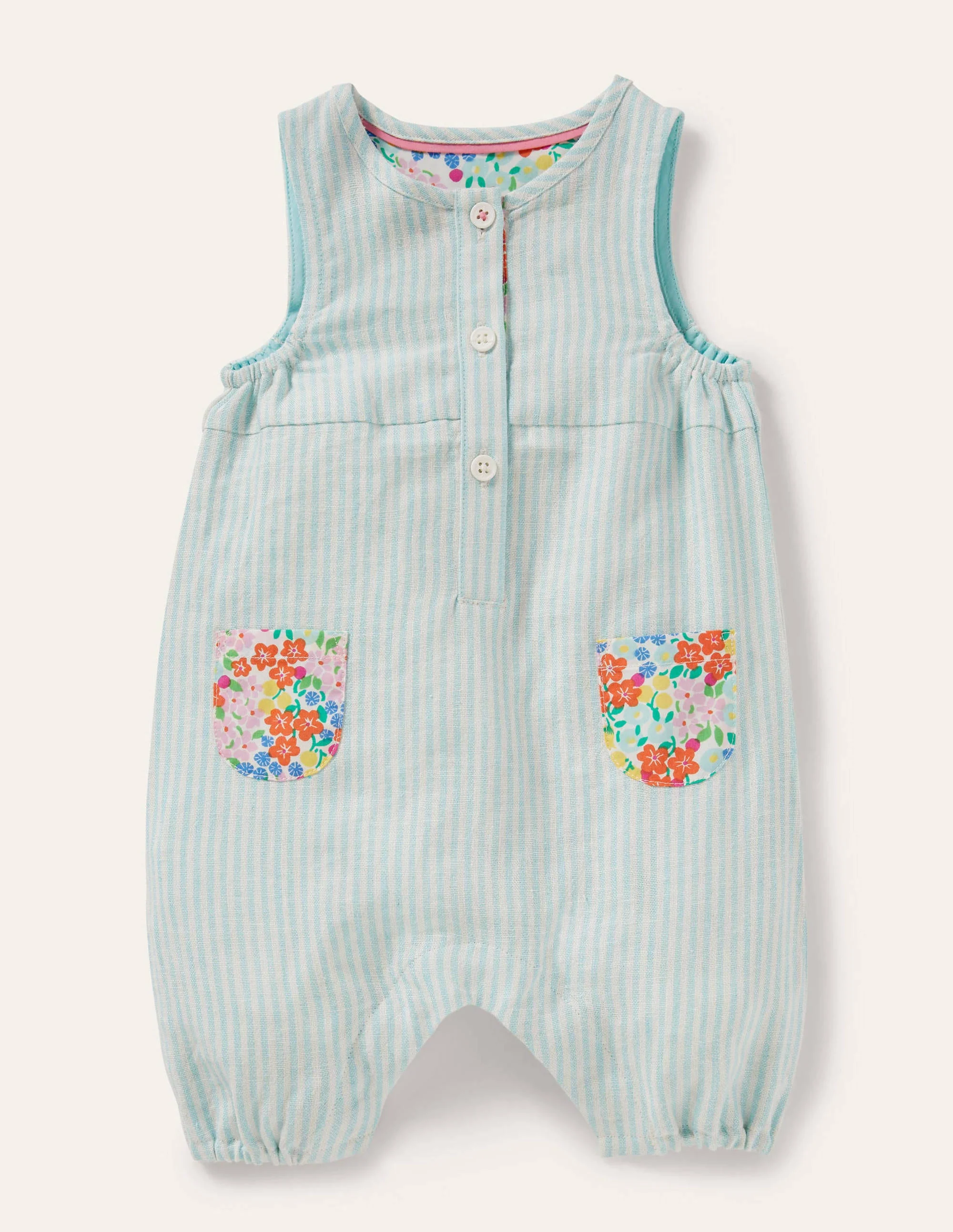 Woven Ticking Romper-Ivory/Georgian Blue Ticking