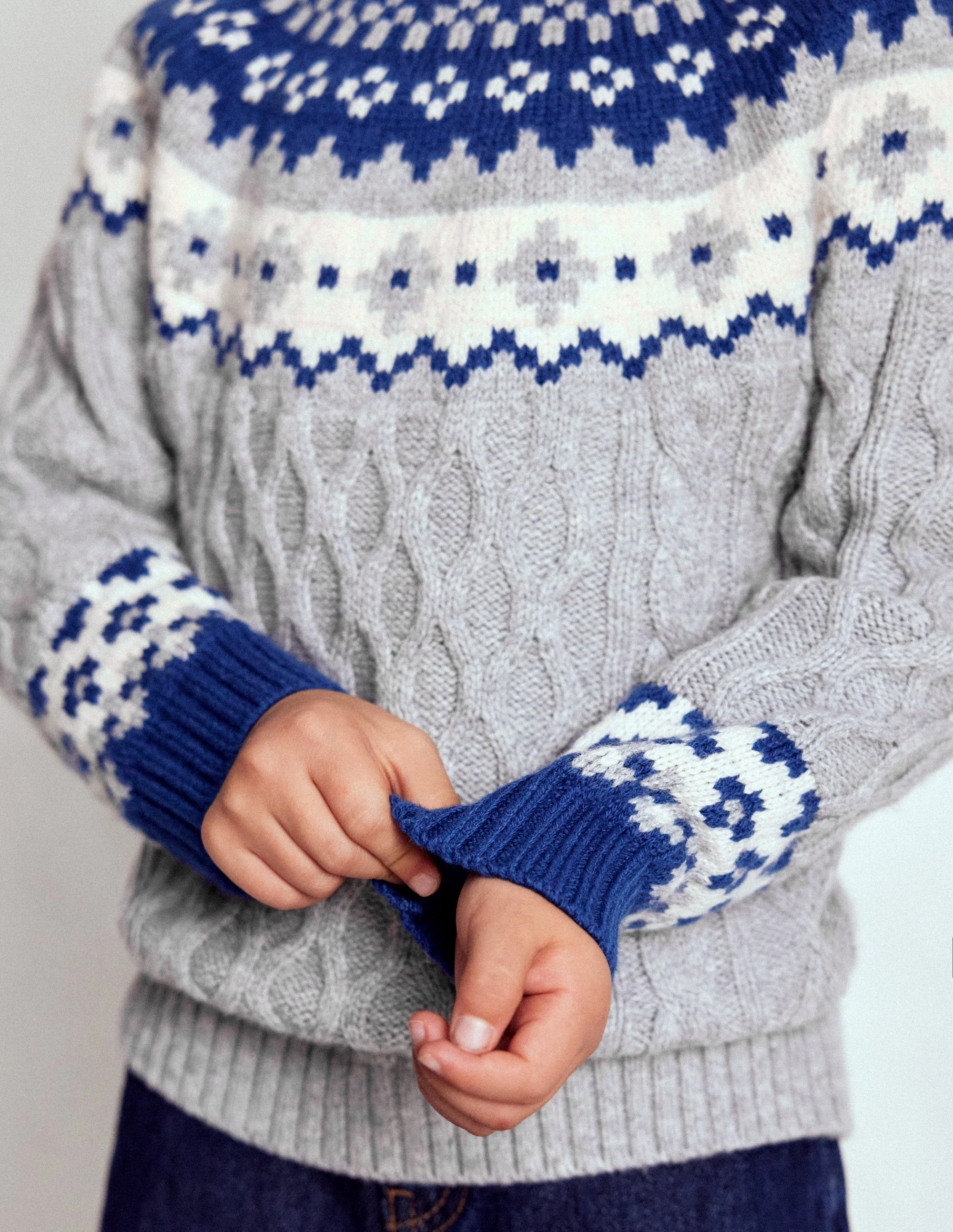 Cable Fair Isle Sweater-Grey Marl - Image 3