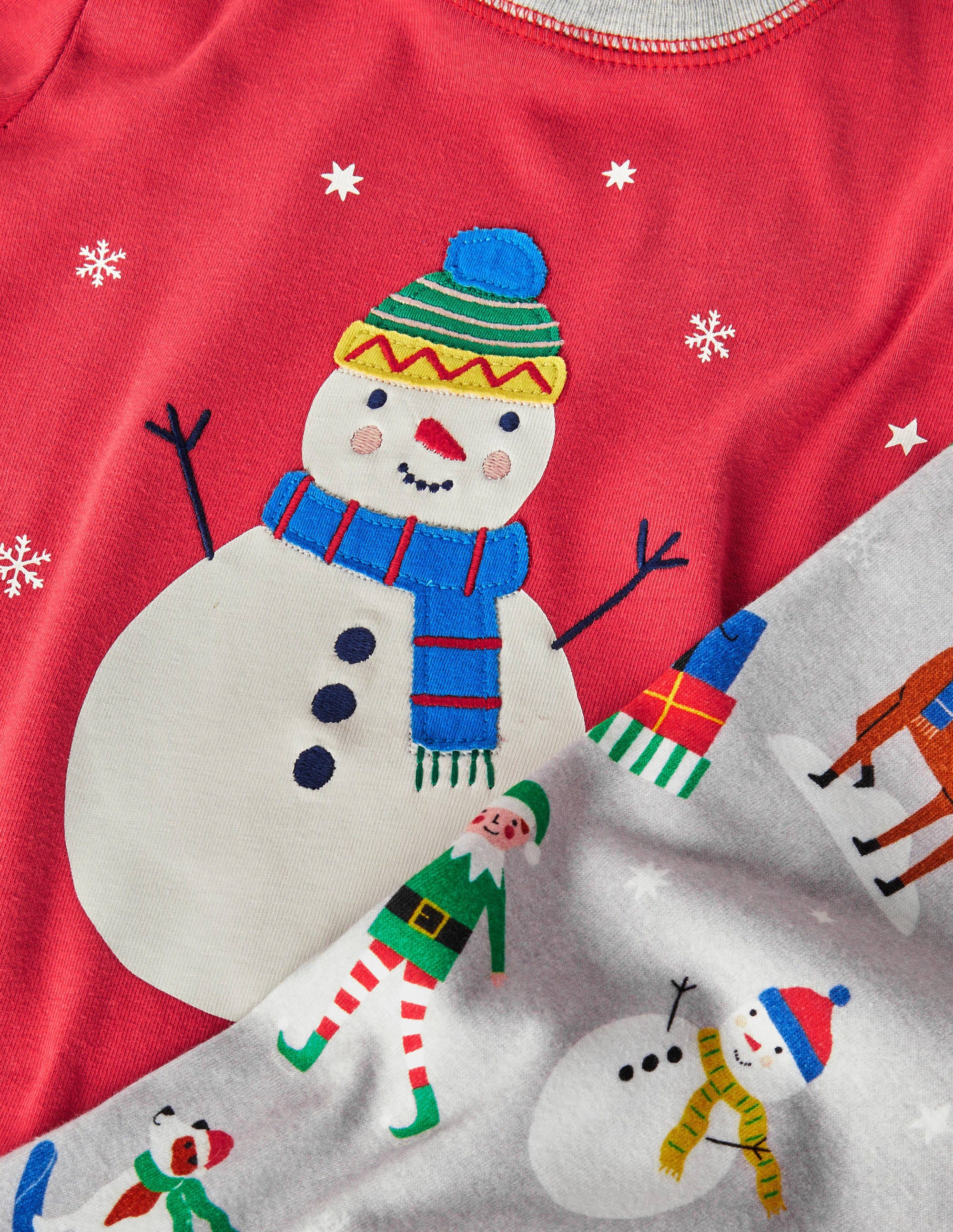 Cosy Appliqué Long  Pajamas-Rockabilly Red/Grey Snowman - Image 3