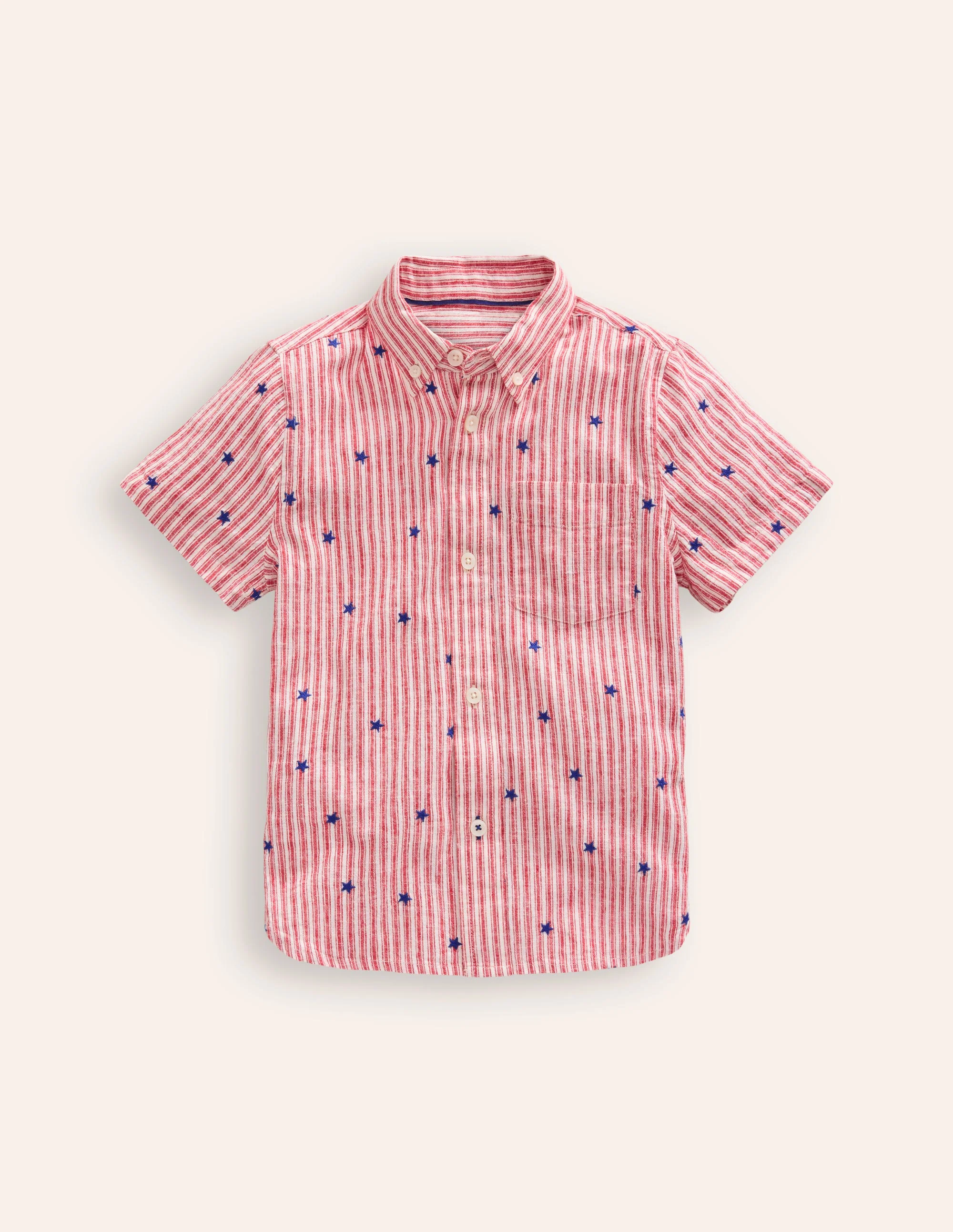 Cotton Linen Shirt-Red Stripe Star Embroidery