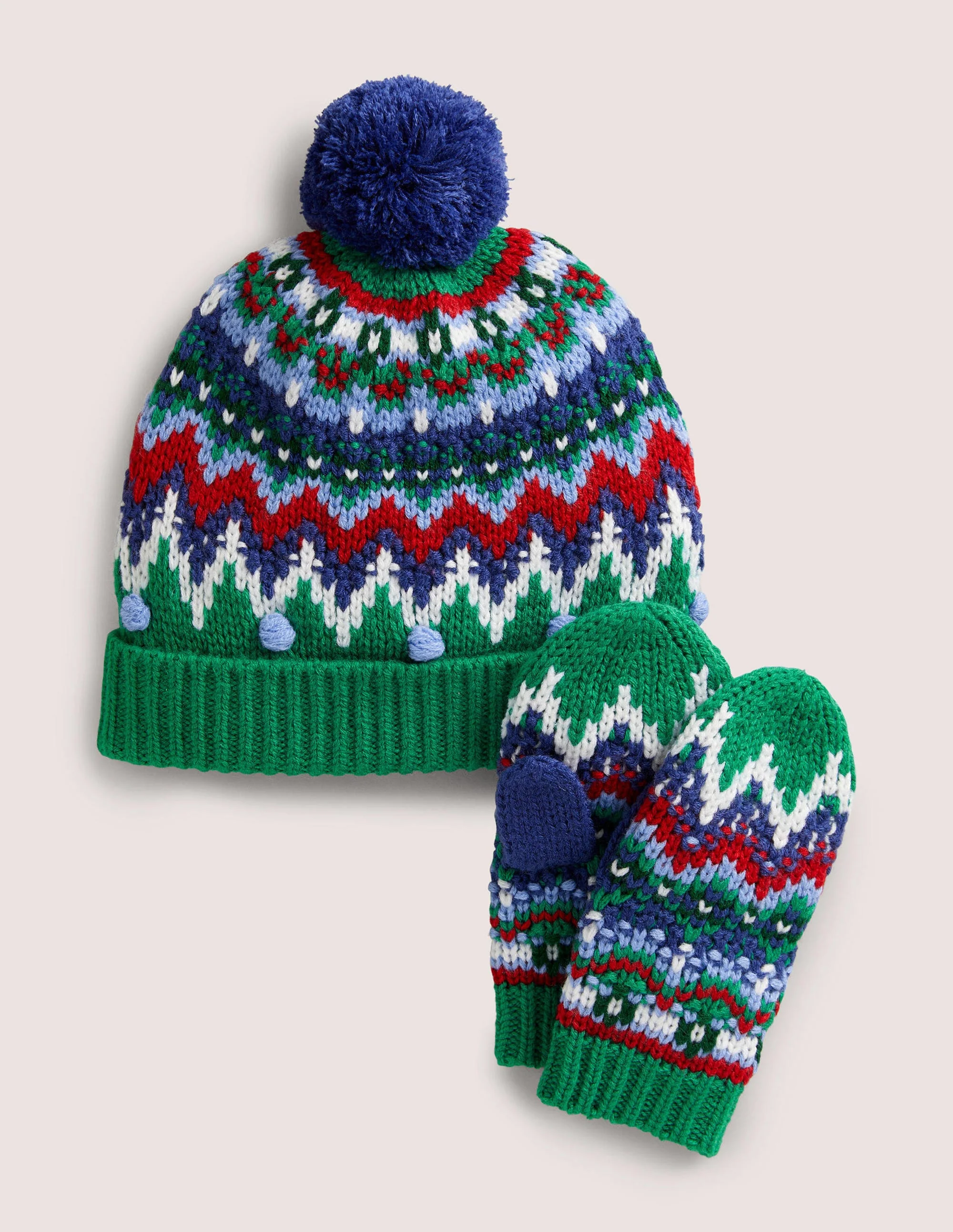 Fair Isle Hat and Mittens Set-Green