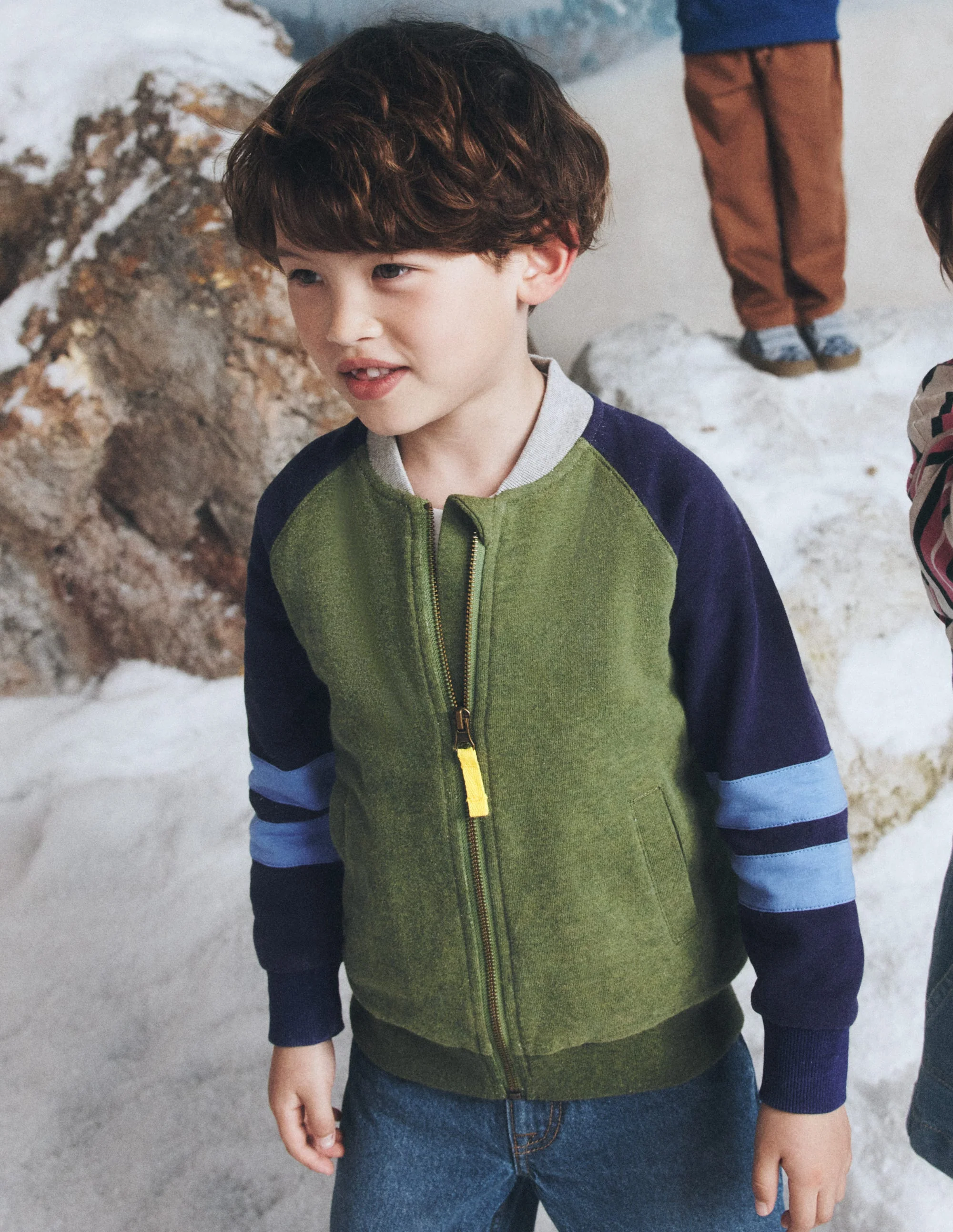Fleece Lined Bomber Jacket-Green / Blue Colourblock - Image 5