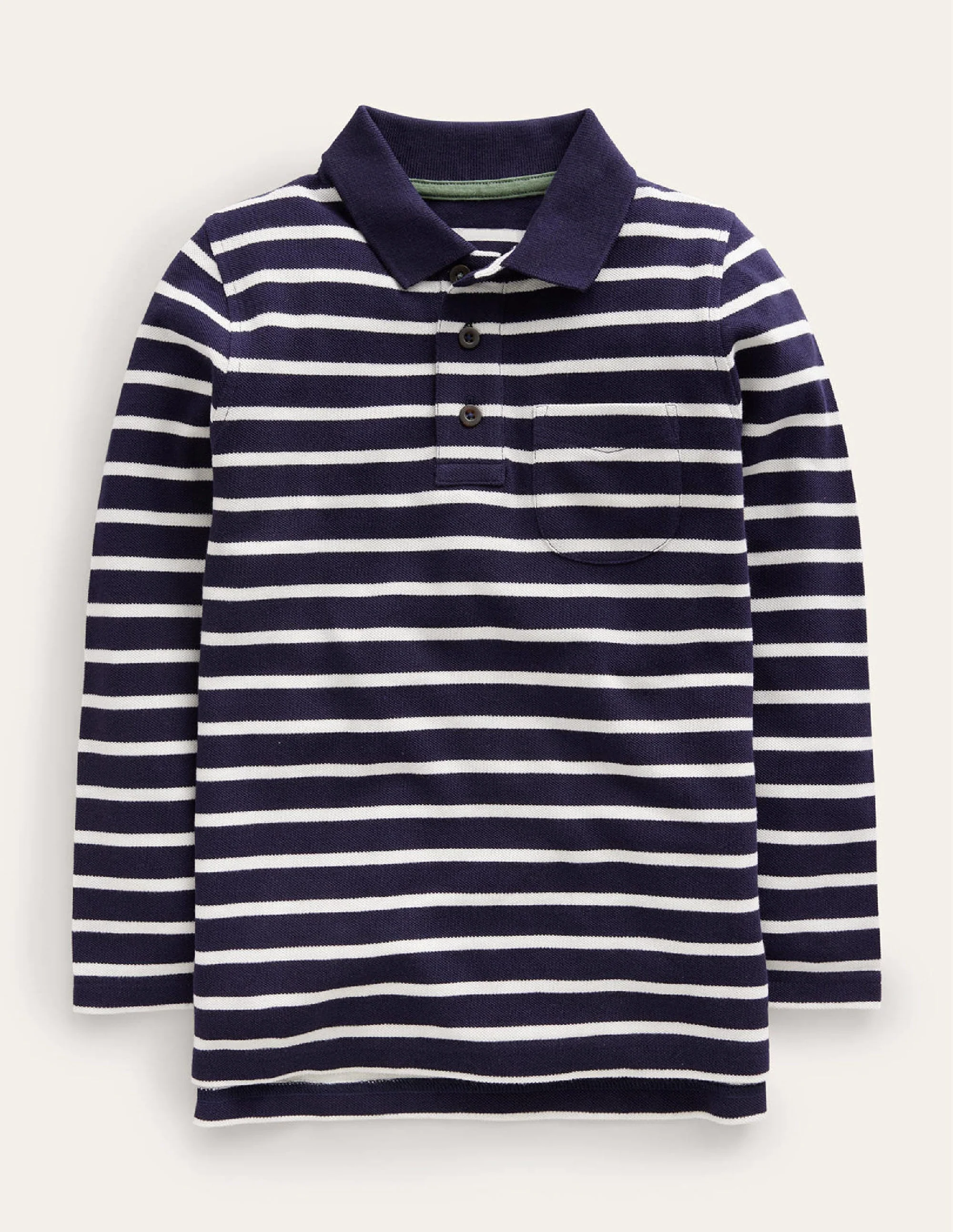 Long Sleeve Pique Polo-Navy/Ivory