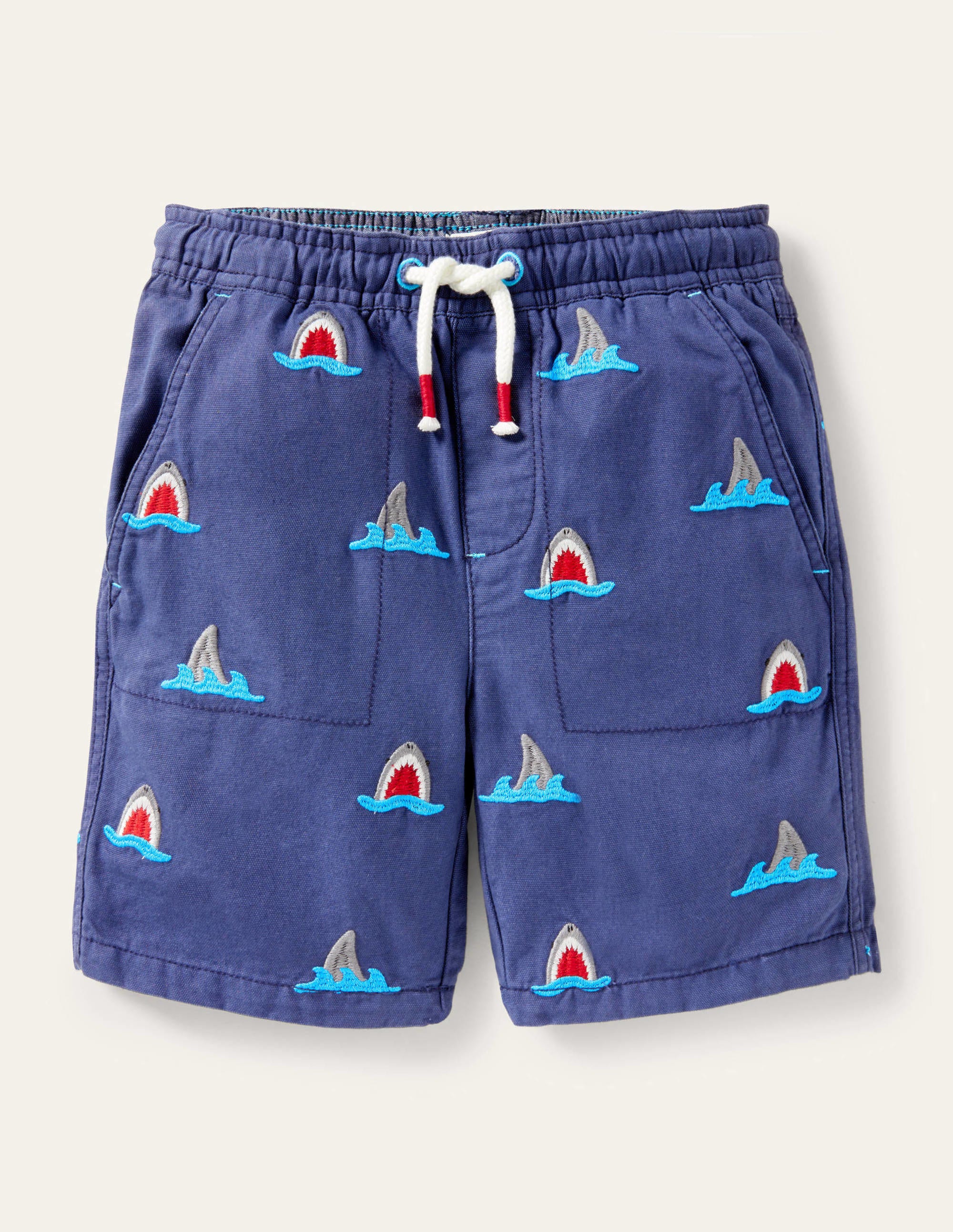 Navy Shark Pull-on Drawstring Shorts-Navy Shark Embroidery
