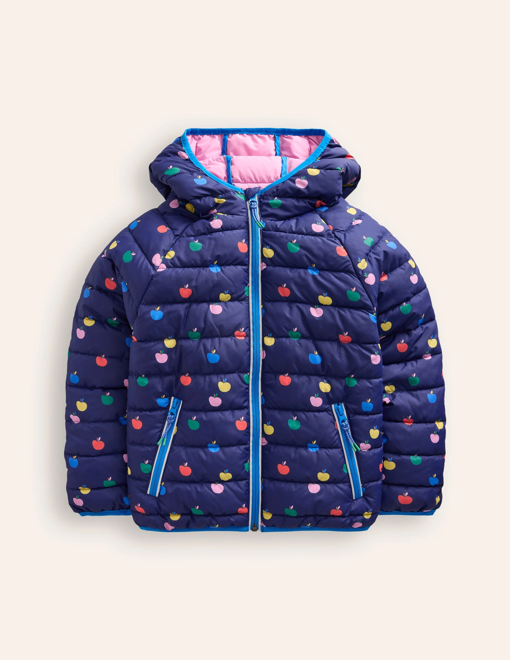 Pack-away Padded Jacket-College Navy Rainbow Apples - Image 3
