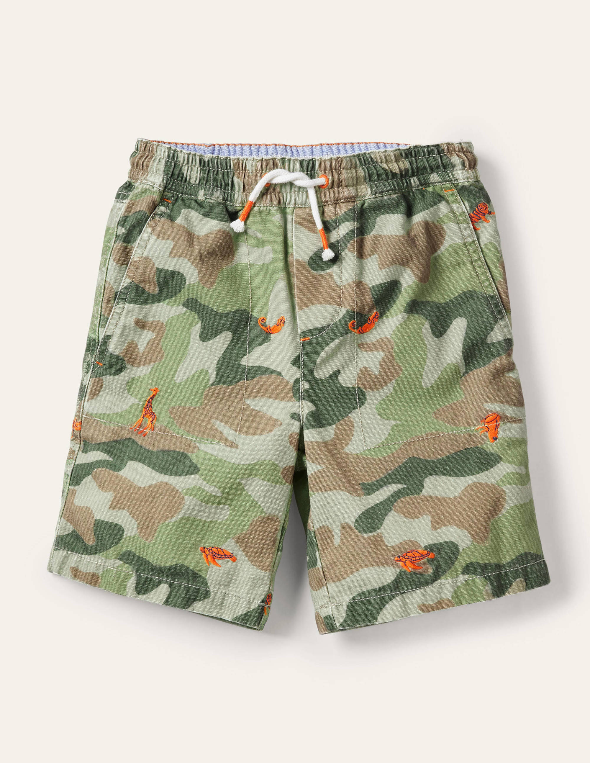 Pull-on Drawstring Shorts-Green Camouflage Animals