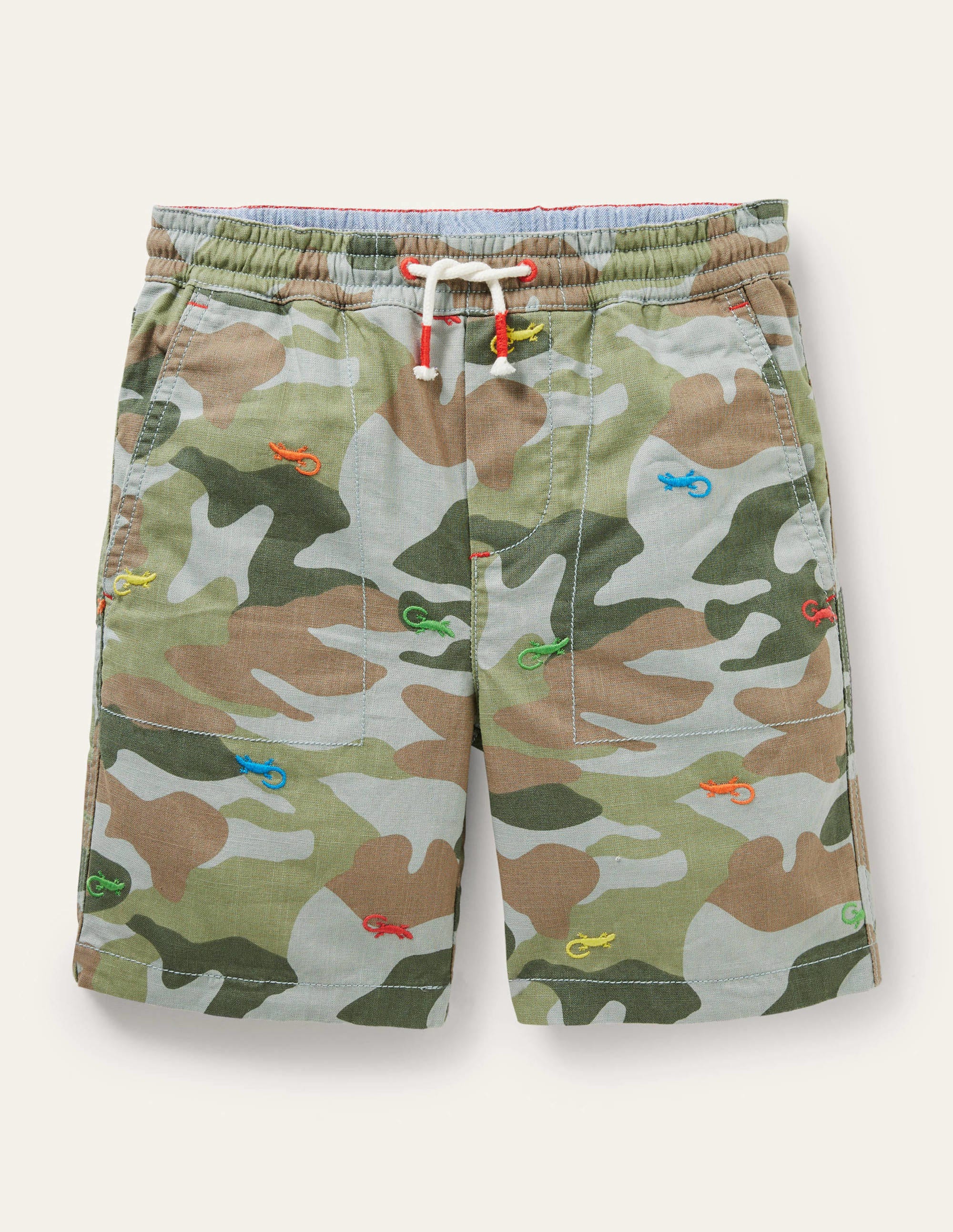 Pull-on Drawstring Shorts-Green Camouflage Lizard