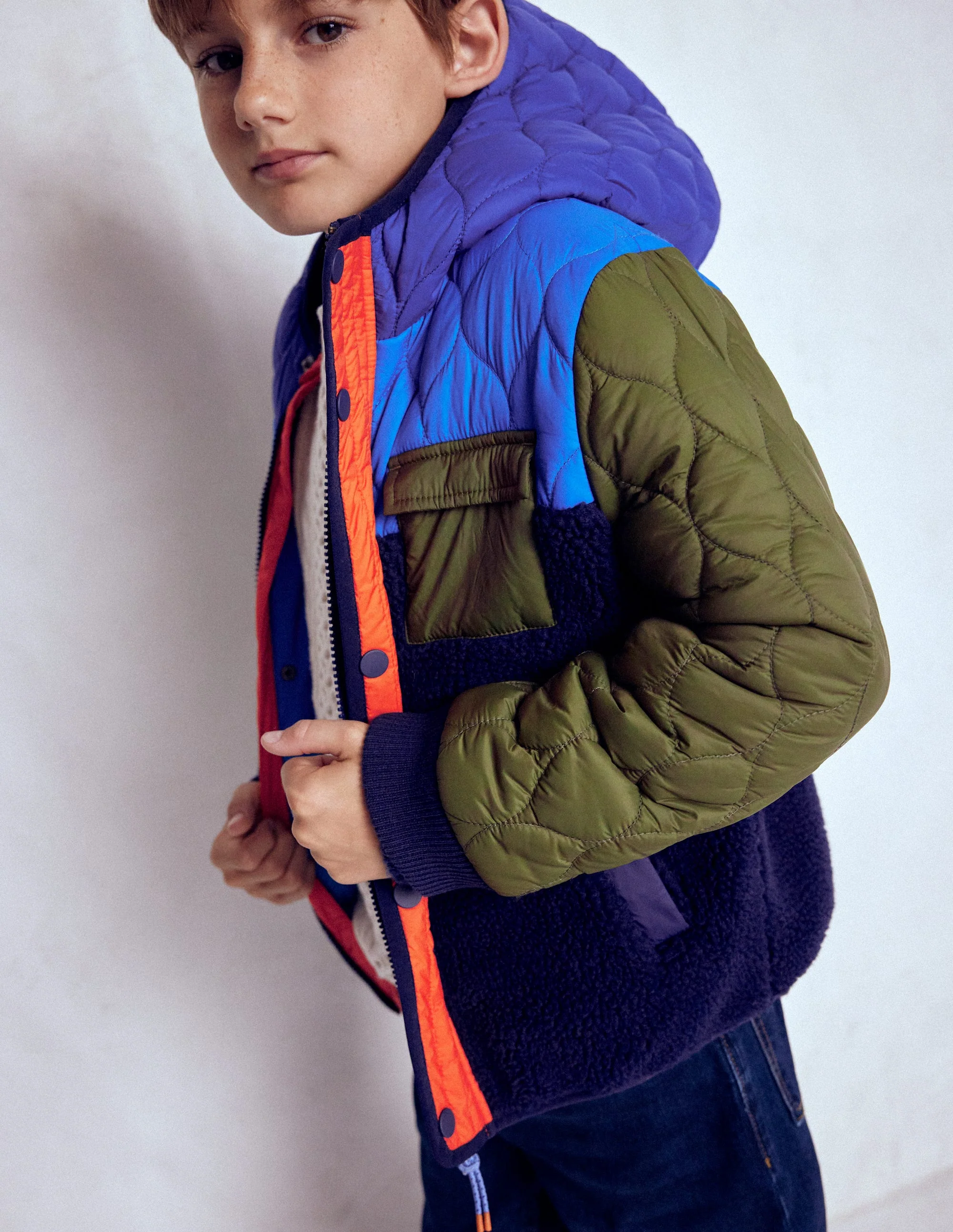 Quilted Borg Jacket-Classic Khaki Colourblock - Image 3