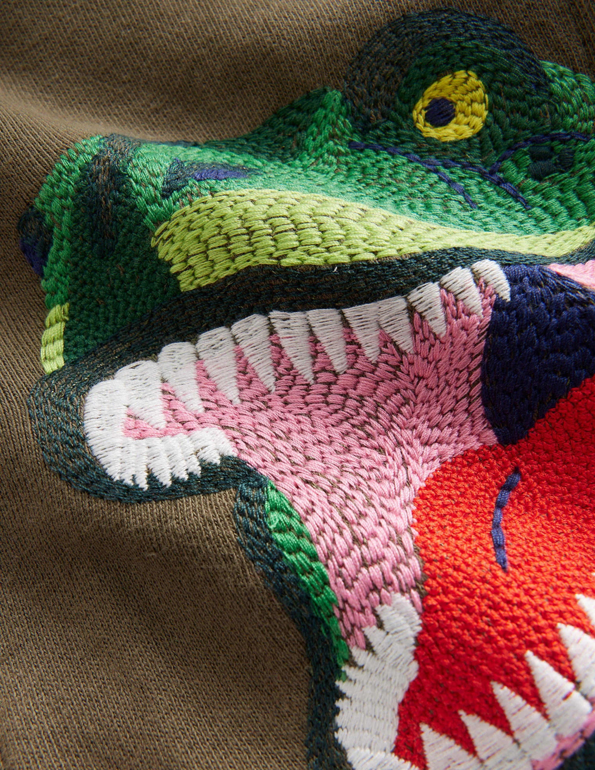 Shaggy-lined Appliqué Hoodie-Classic Khaki Dinosaur - Image 3