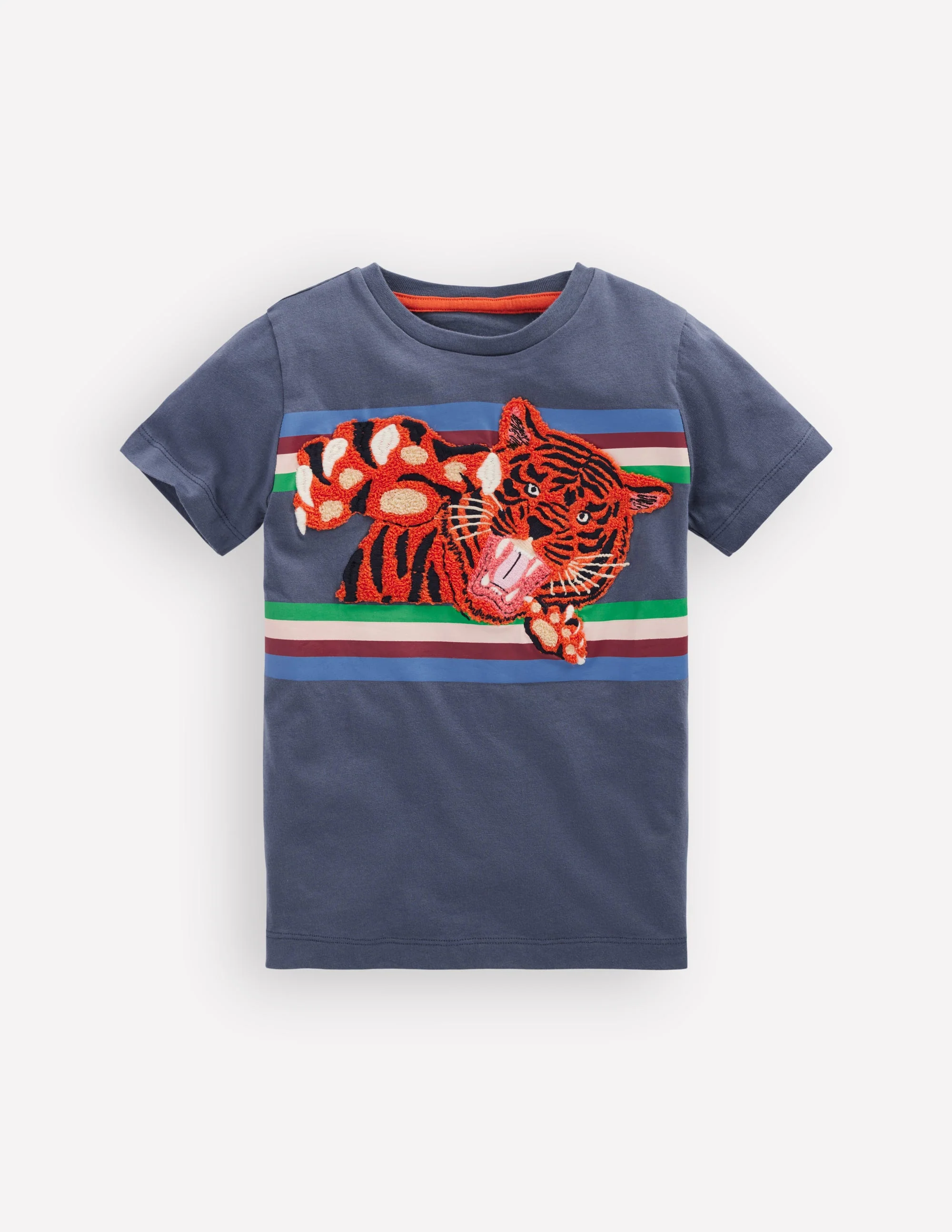 Short Sleeve Appliqué T-shirt-Vintage Indigo Tiger Stripe