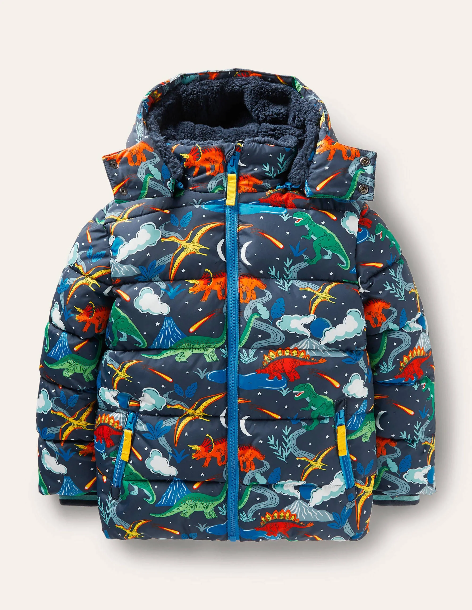 Water Resistant Padded Jacket-Soot Grey Dinosaurs