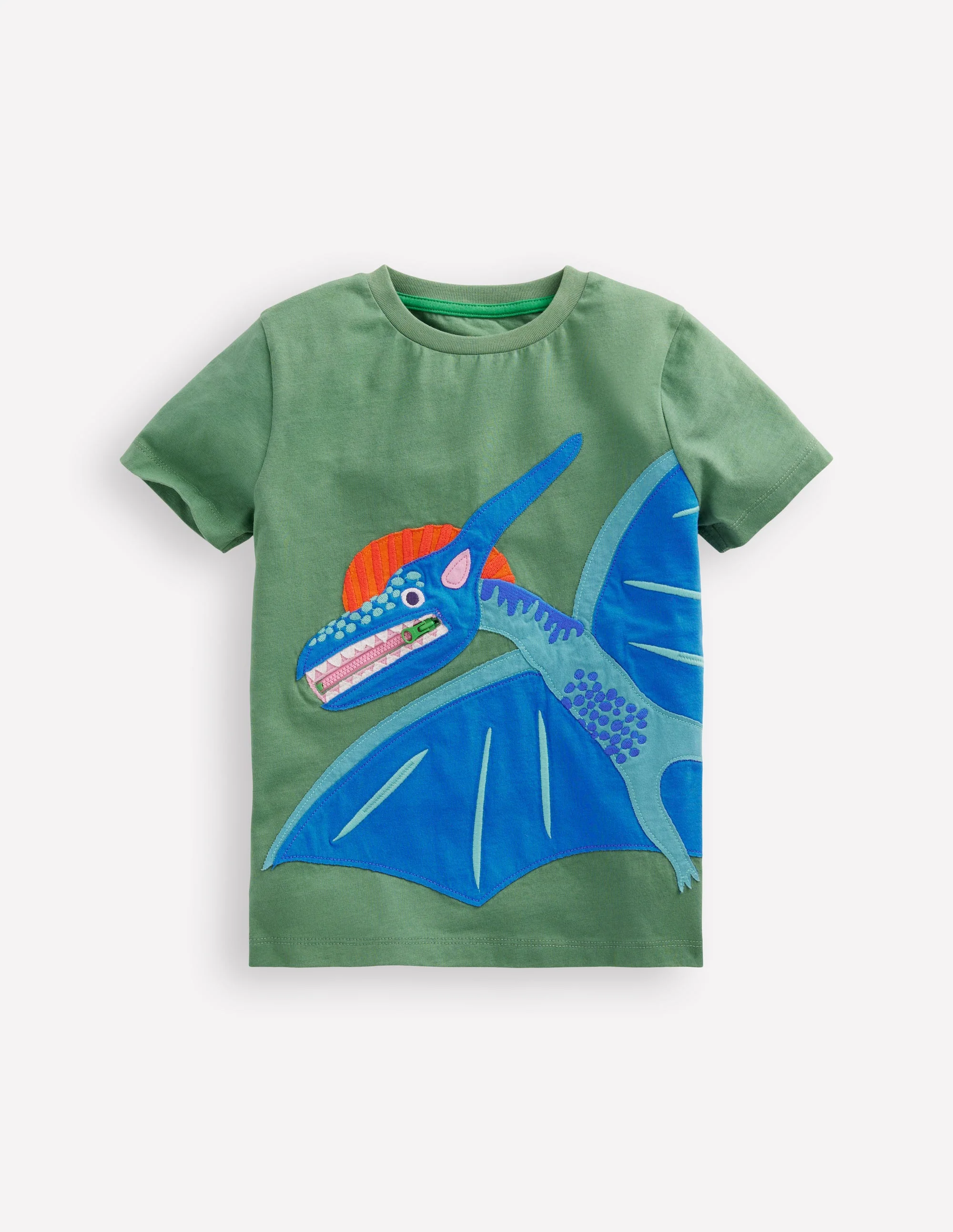Zip Applique T-shirt-Newt Green Dinosaur