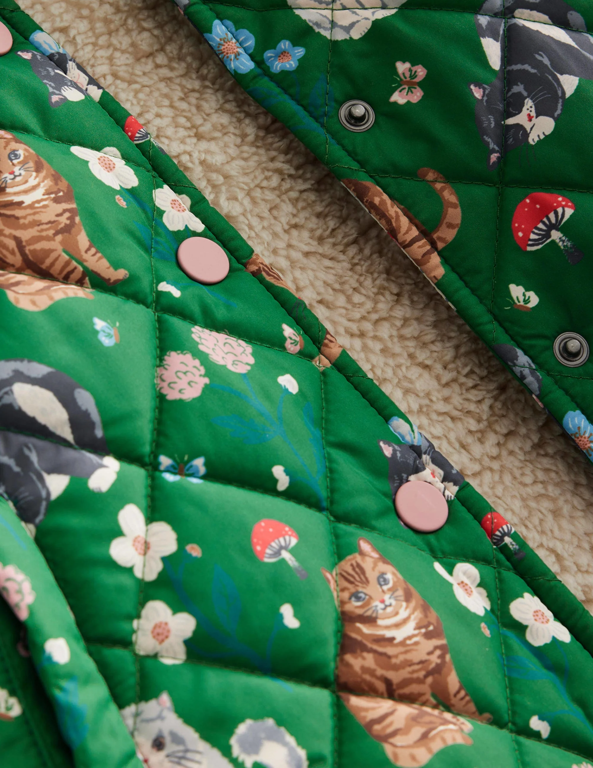 Fun Quilted Bomber Jacket-Green Cats - Image 3