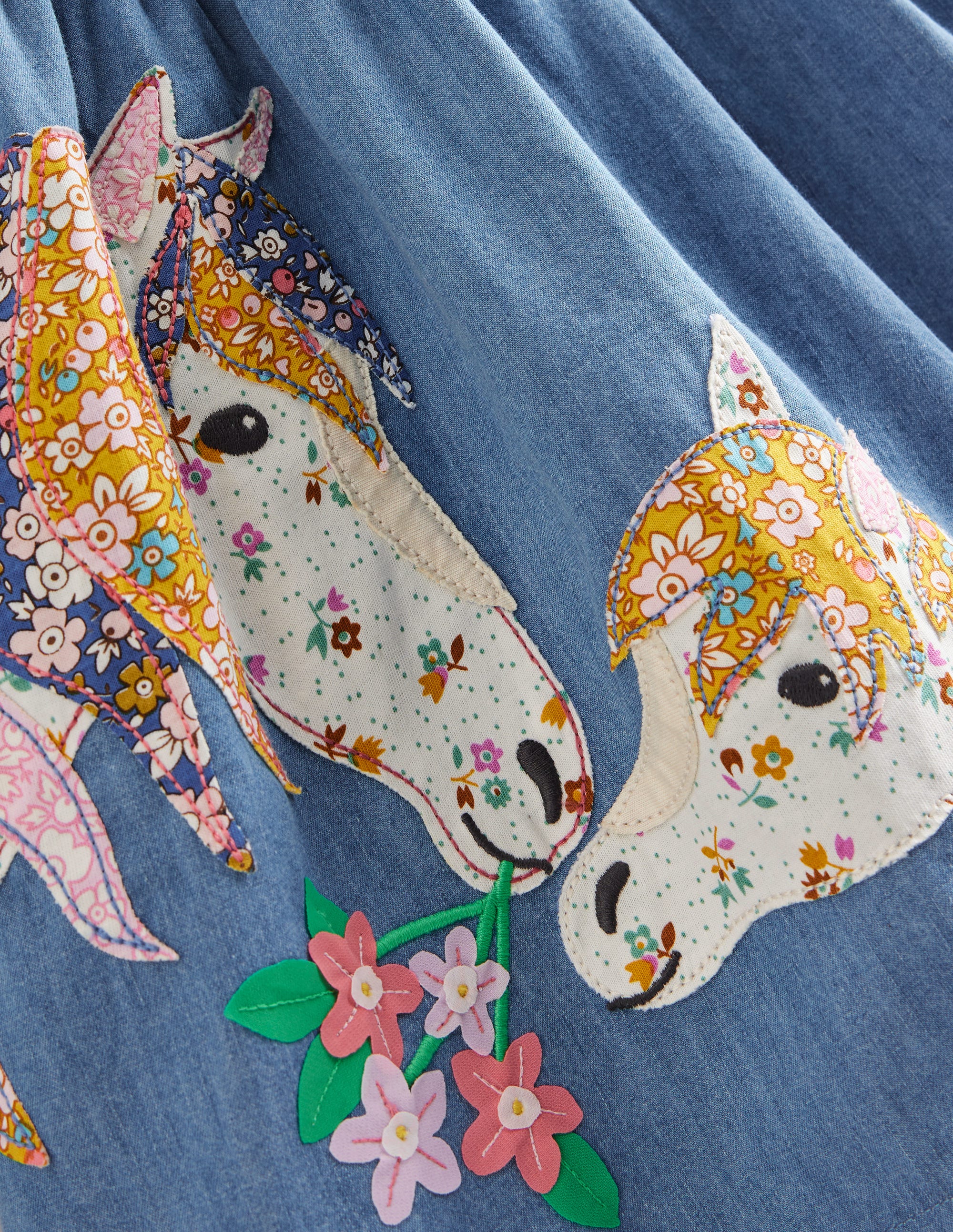 Appliqué Hem Logo Dress-Chambray Blue Horses - Image 3