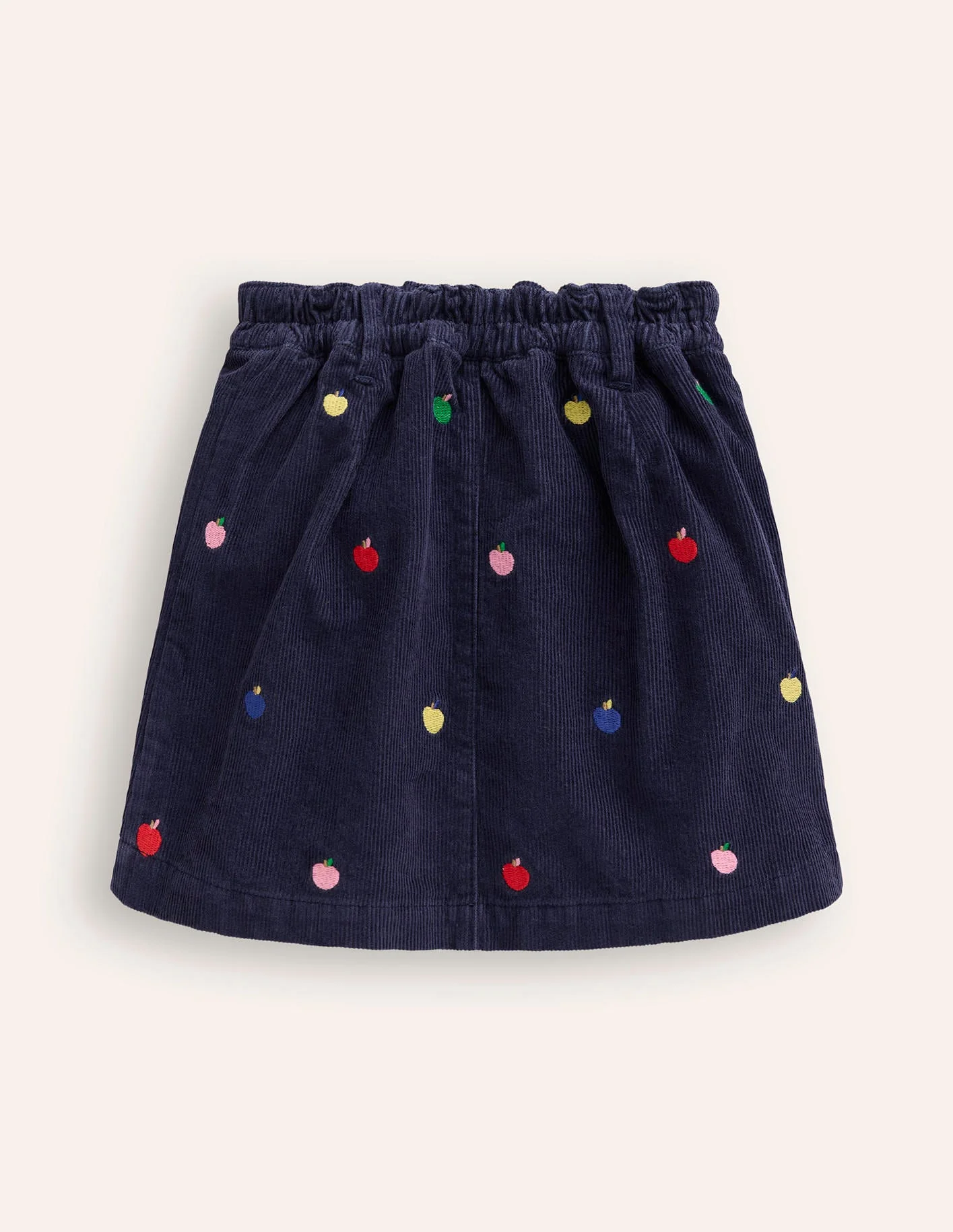 Button Pull-On Mini Skirt-Navy Multi Apples Embroidery - Image 4