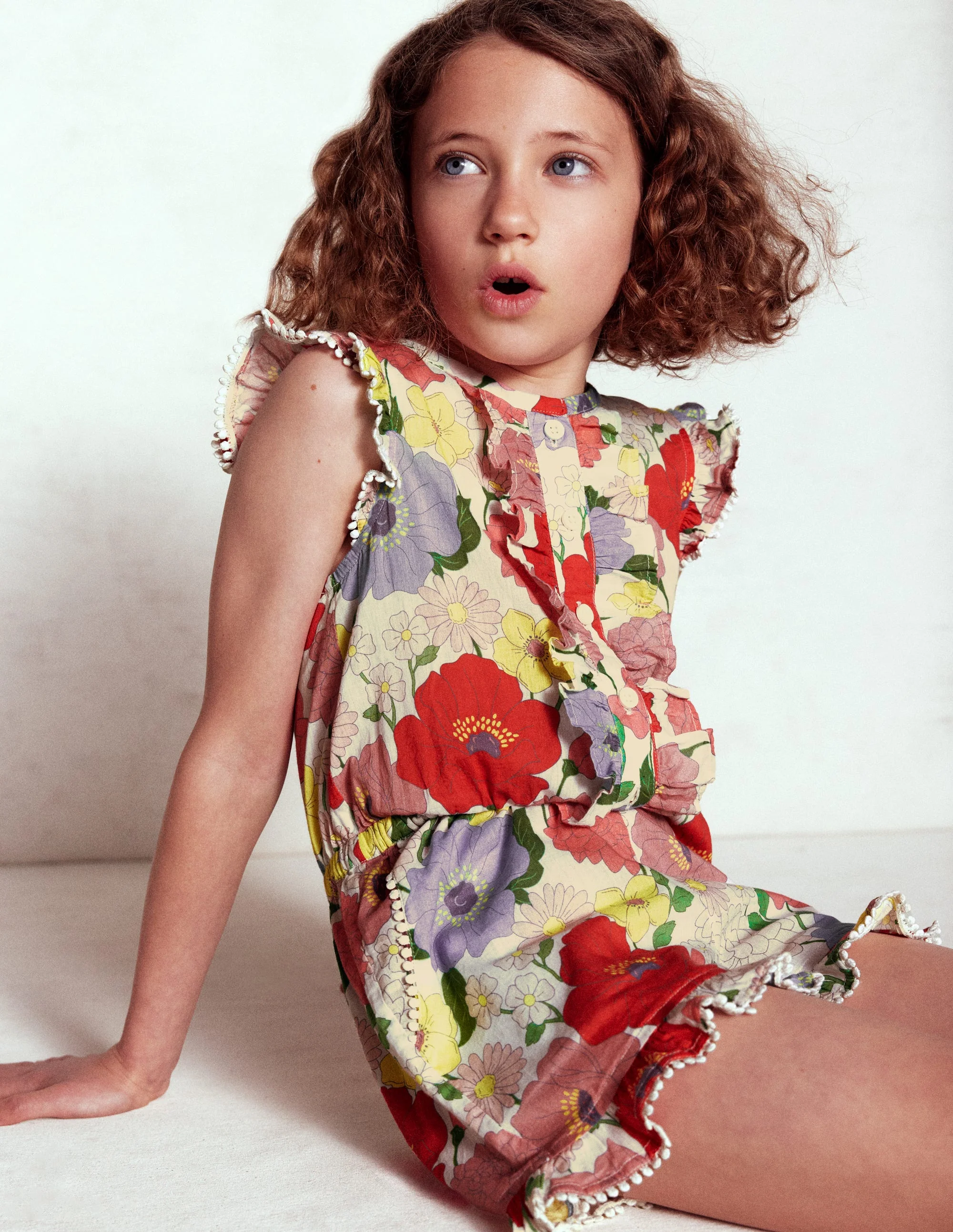 Button Through Ruffle Playsuit-Multi Summer Garden
