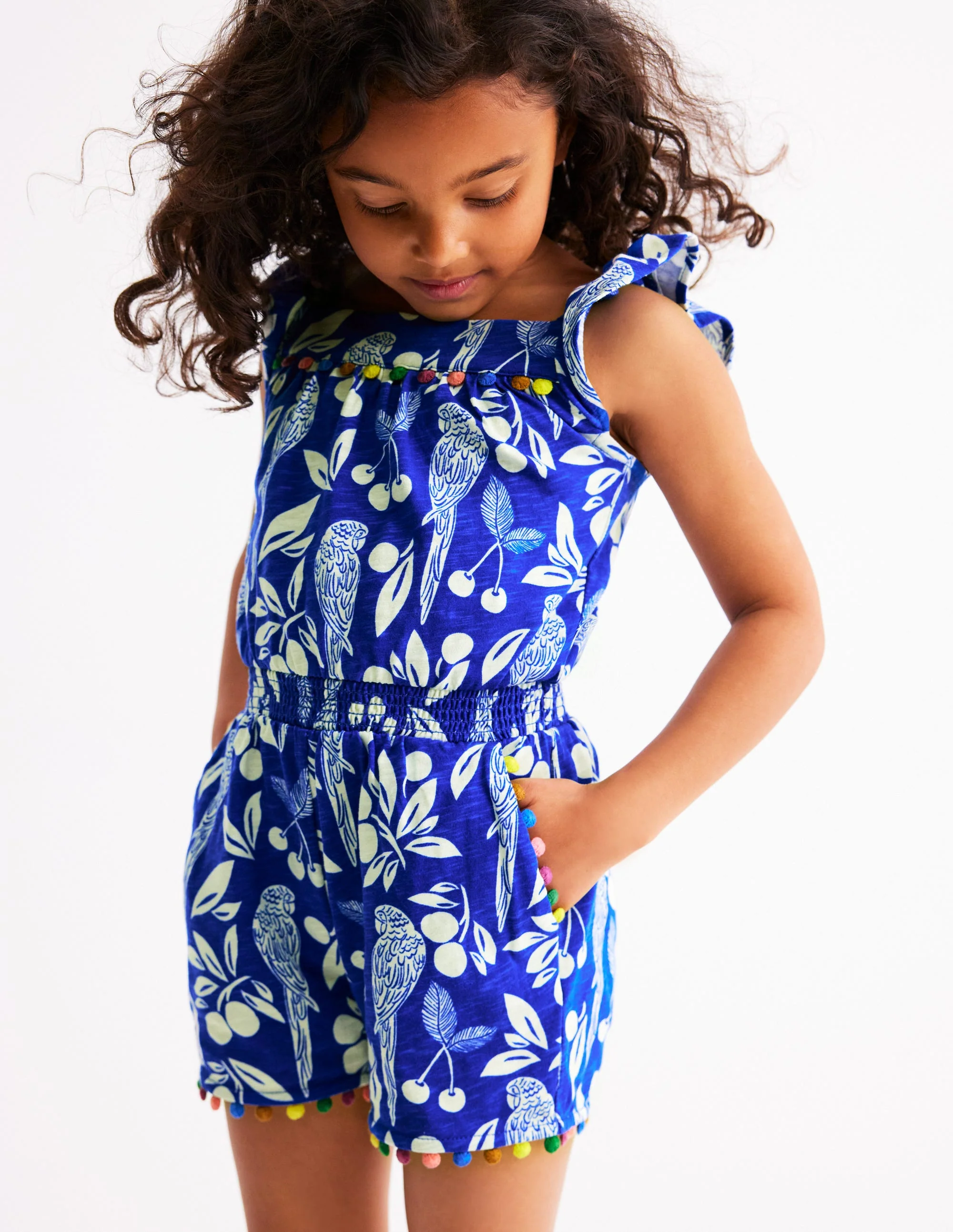 Ciara Pom Trim Jersey Romper-Bright Blue Parrot Palm - Image 4