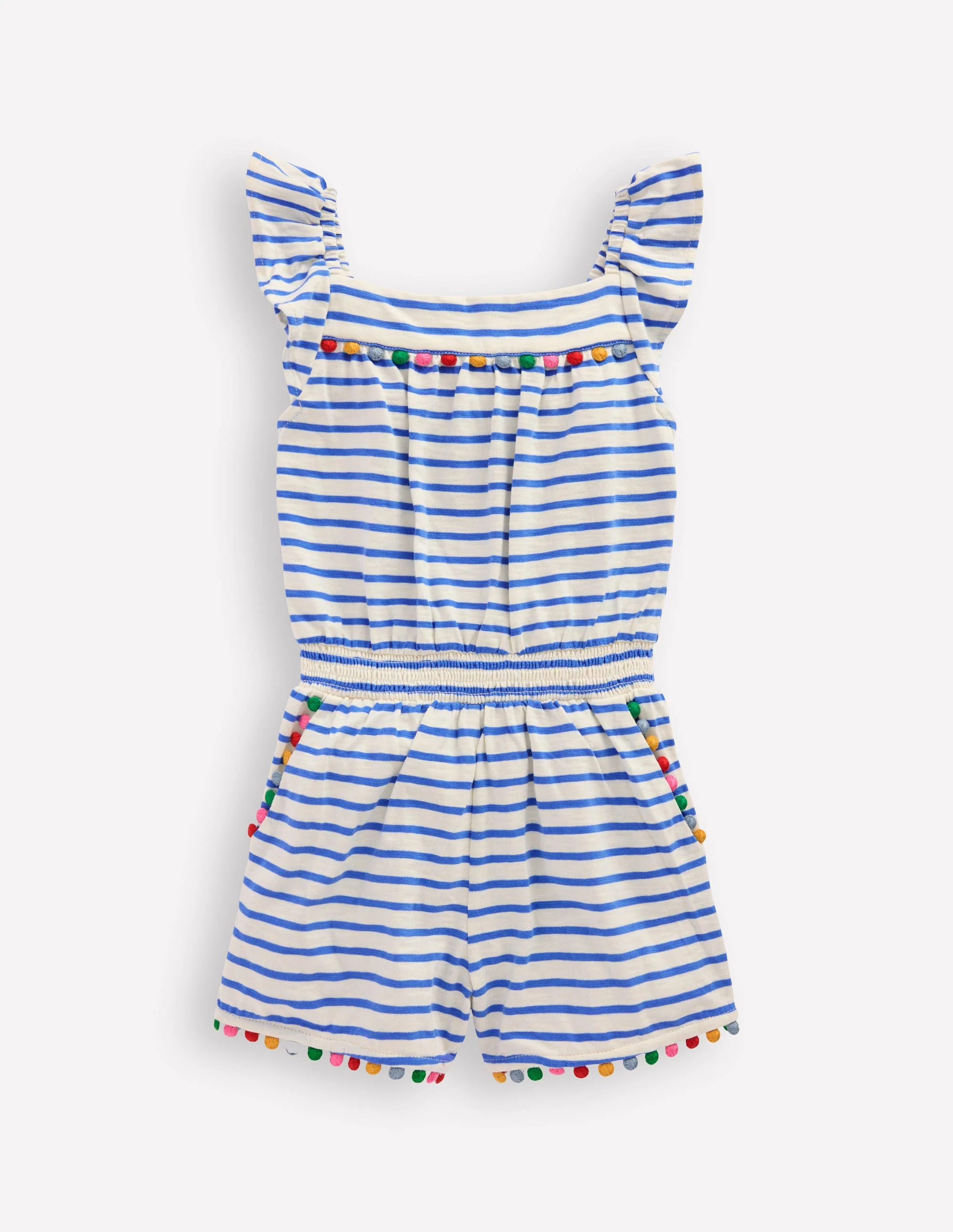 Ciara Pom Trim Jersey Romper-Ivory/ Azure Blue Stripe