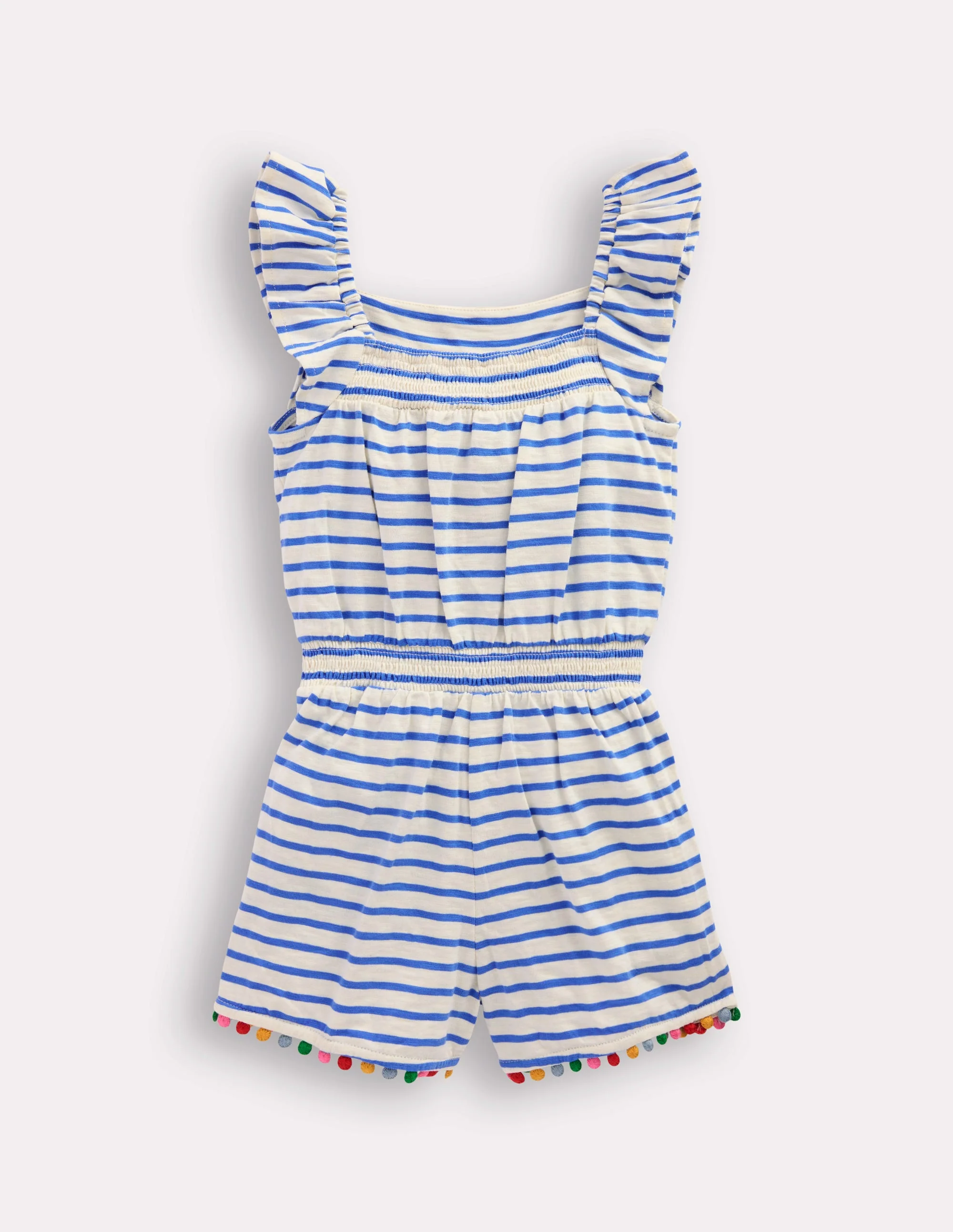 Ciara Pom Trim Jersey Romper-Ivory/ Azure Blue Stripe - Image 2