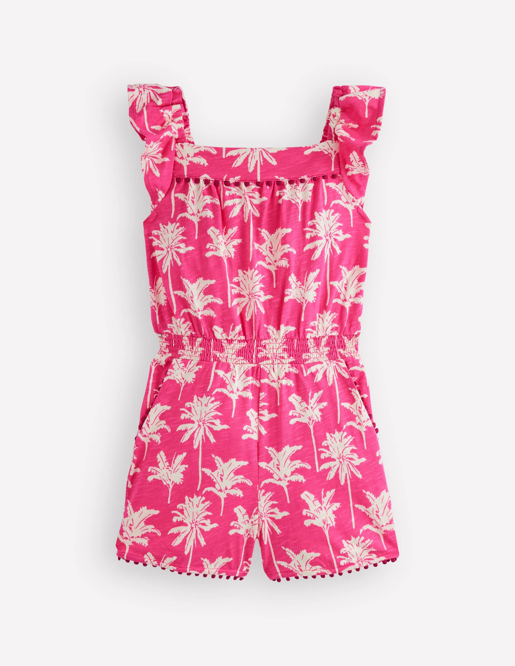 Ciara Pom Trim Jersey Romper-Pink Palm Trees