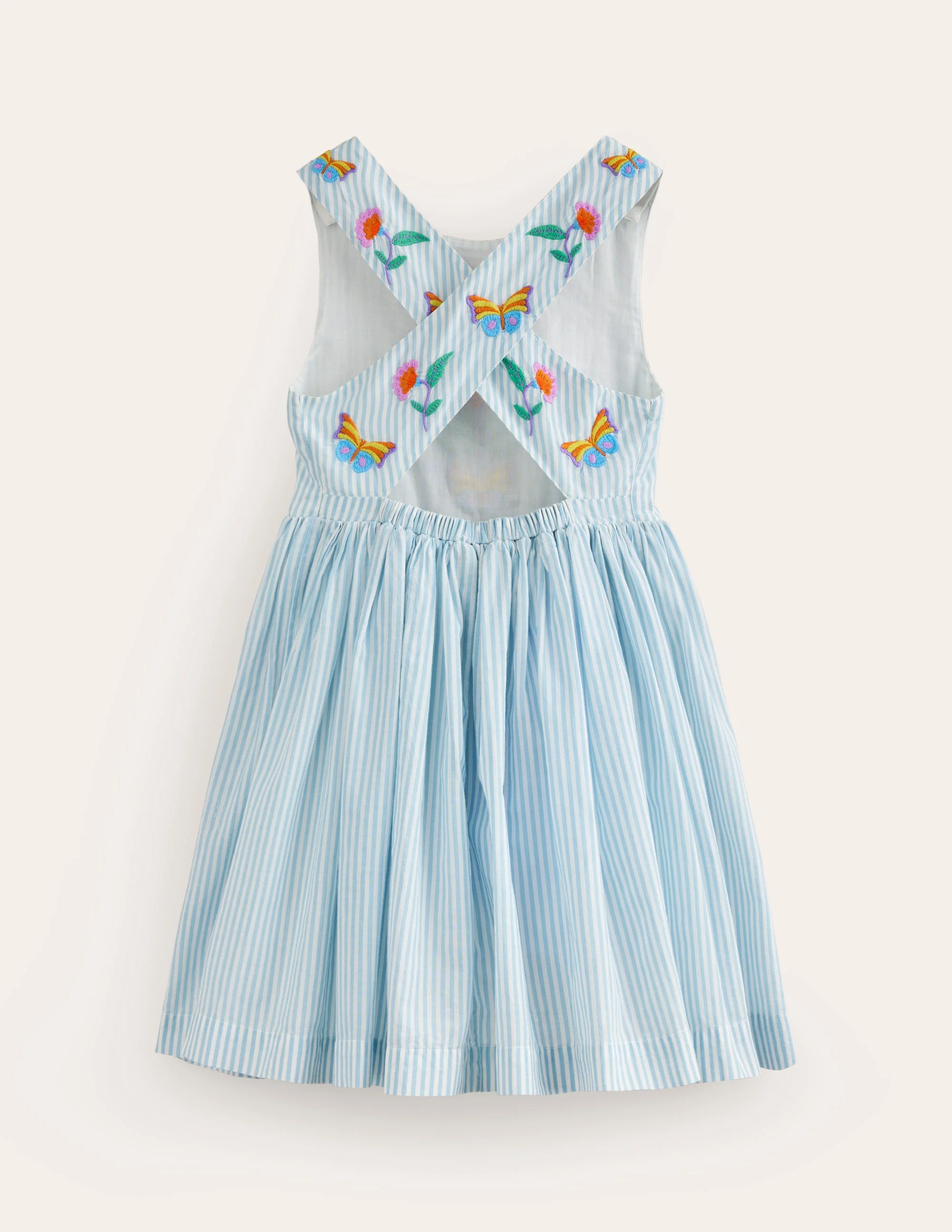 Cross-Back Dress-Blue / Ivory Stripe Floral - Image 2