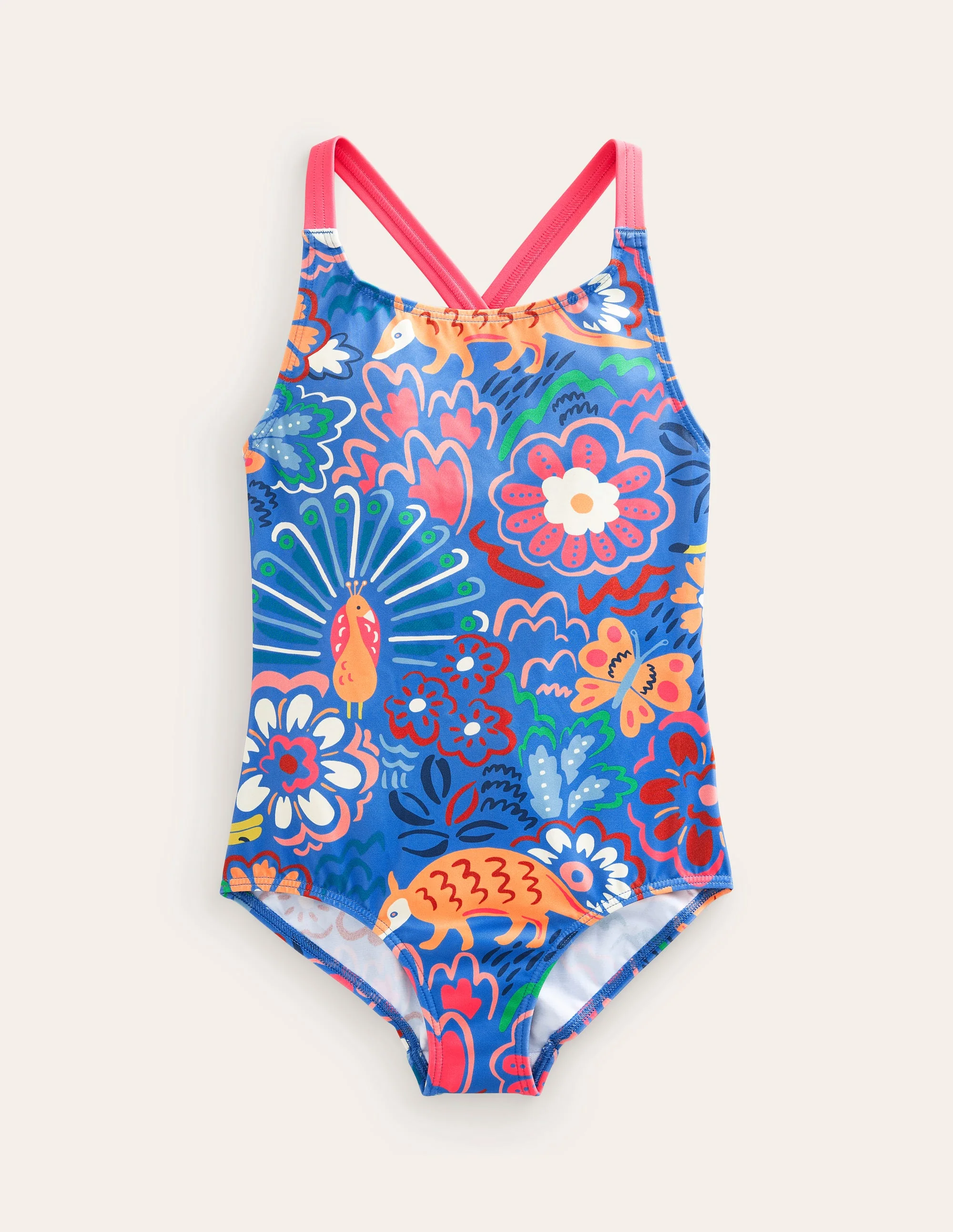 Cross-back Printed Swimsuit-Blue Leopard Safari