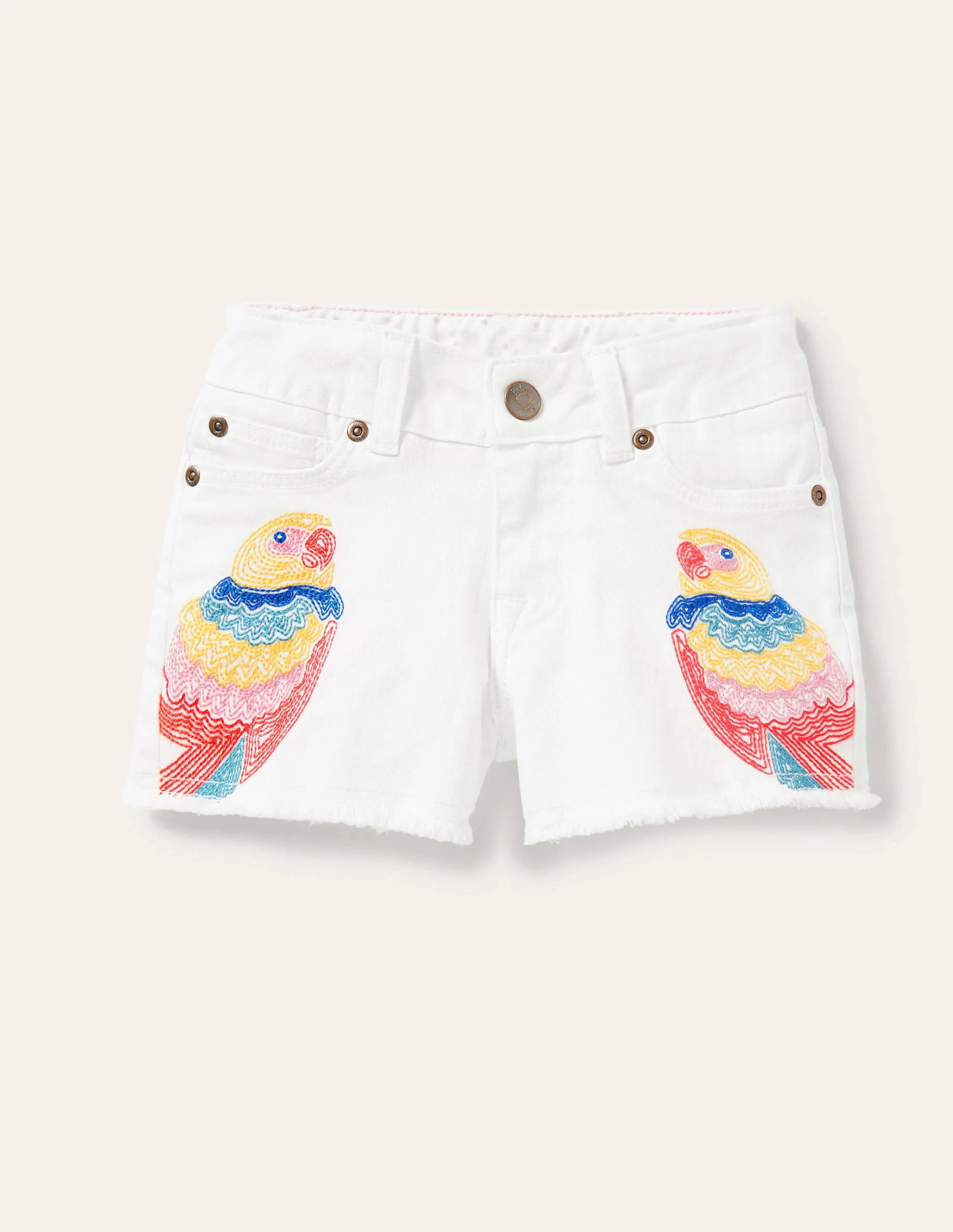 Denim Shorts-White Parrot Embroidery