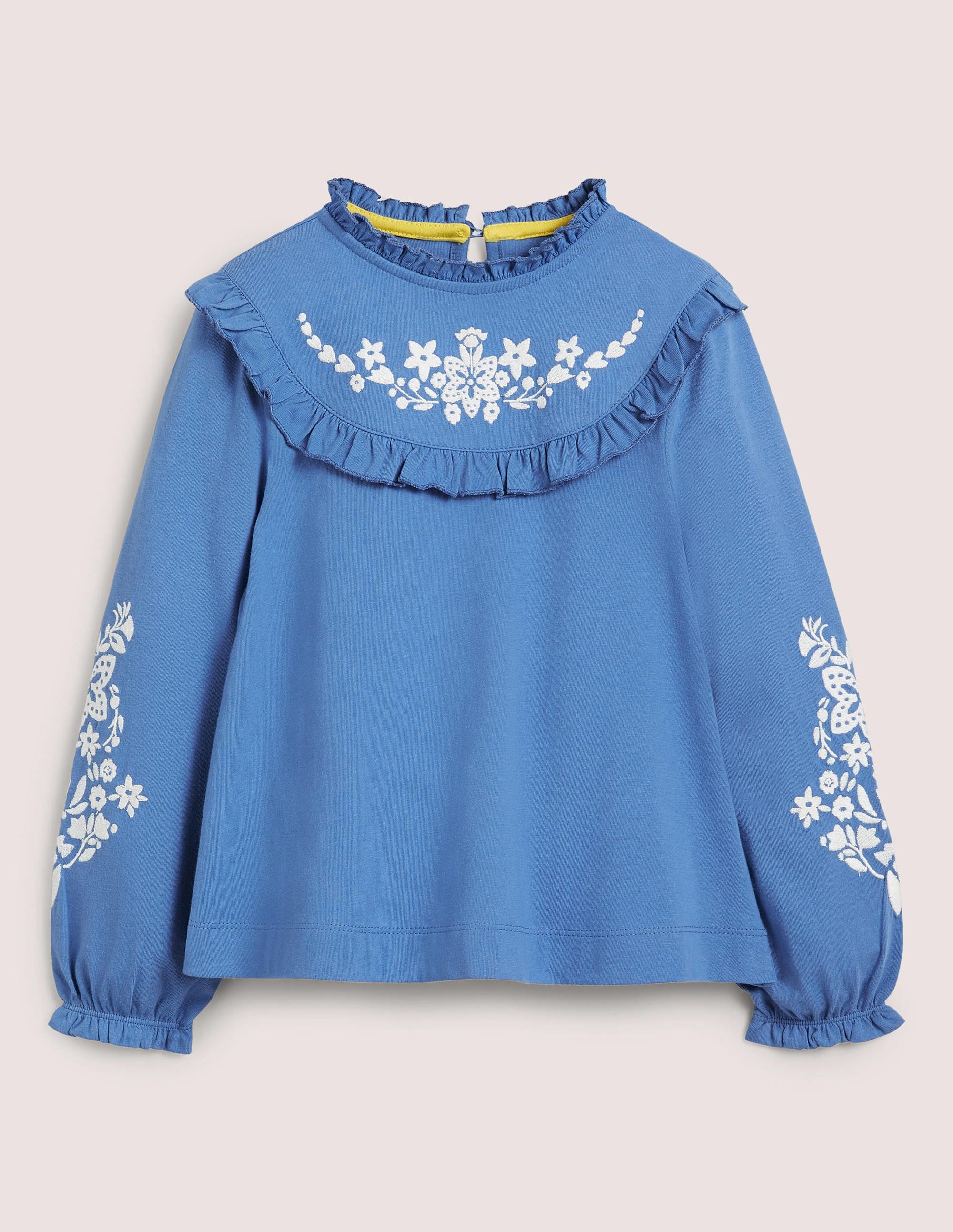 Embroidered Frilly Top-Elizabethan Blue