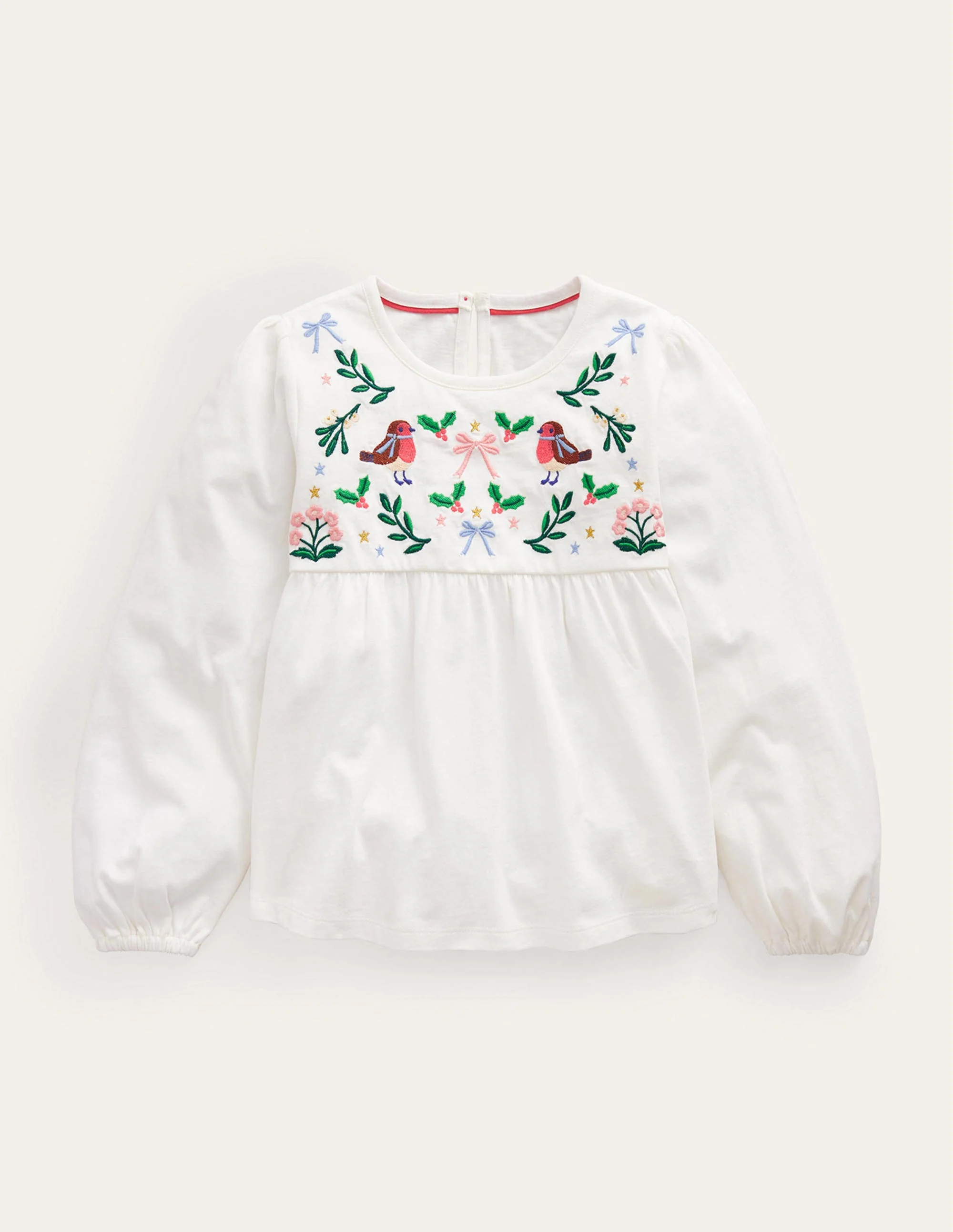 Embroidered Jersey Top-Ivory Festive