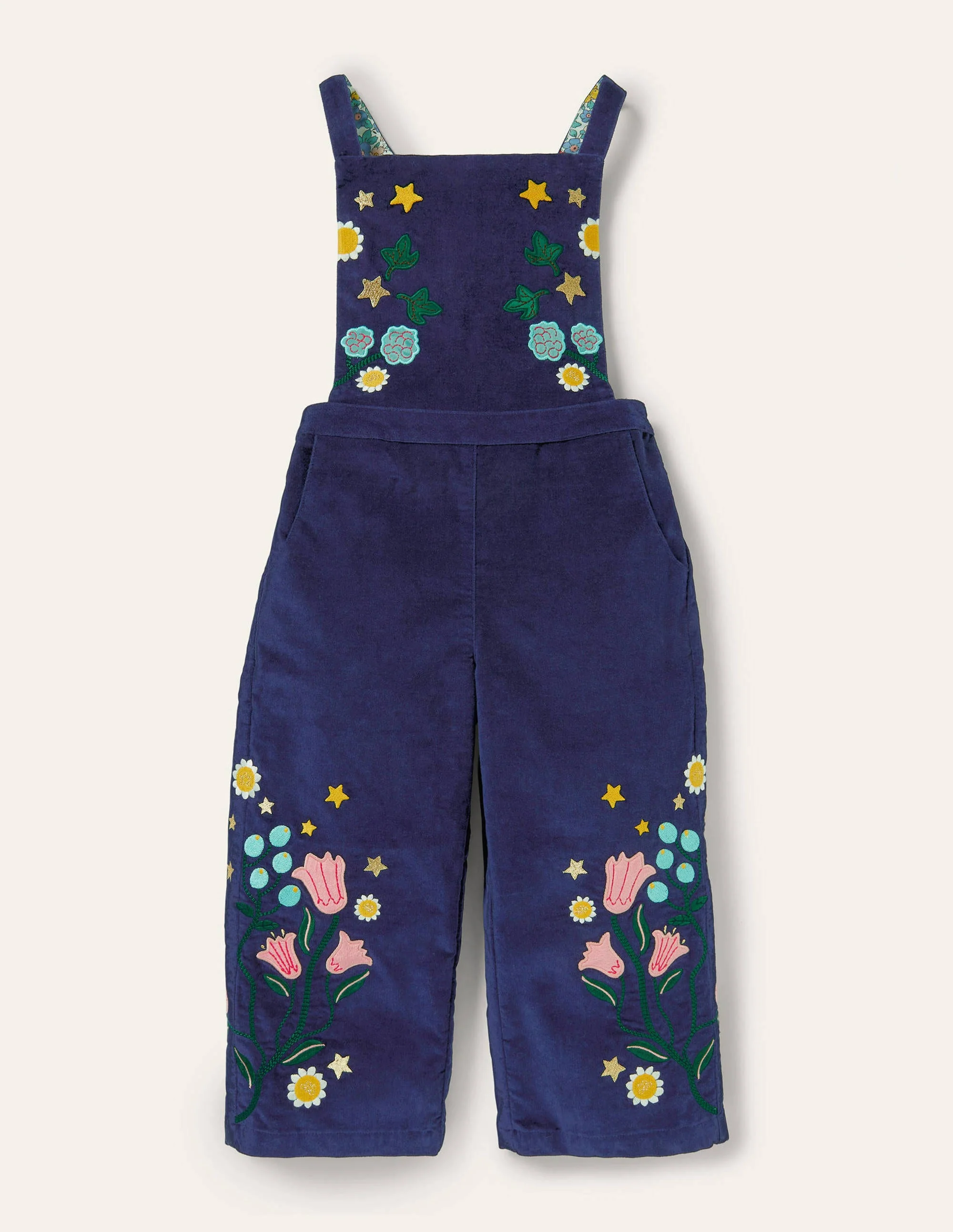 Embroidered Velvet Overalls-College Navy