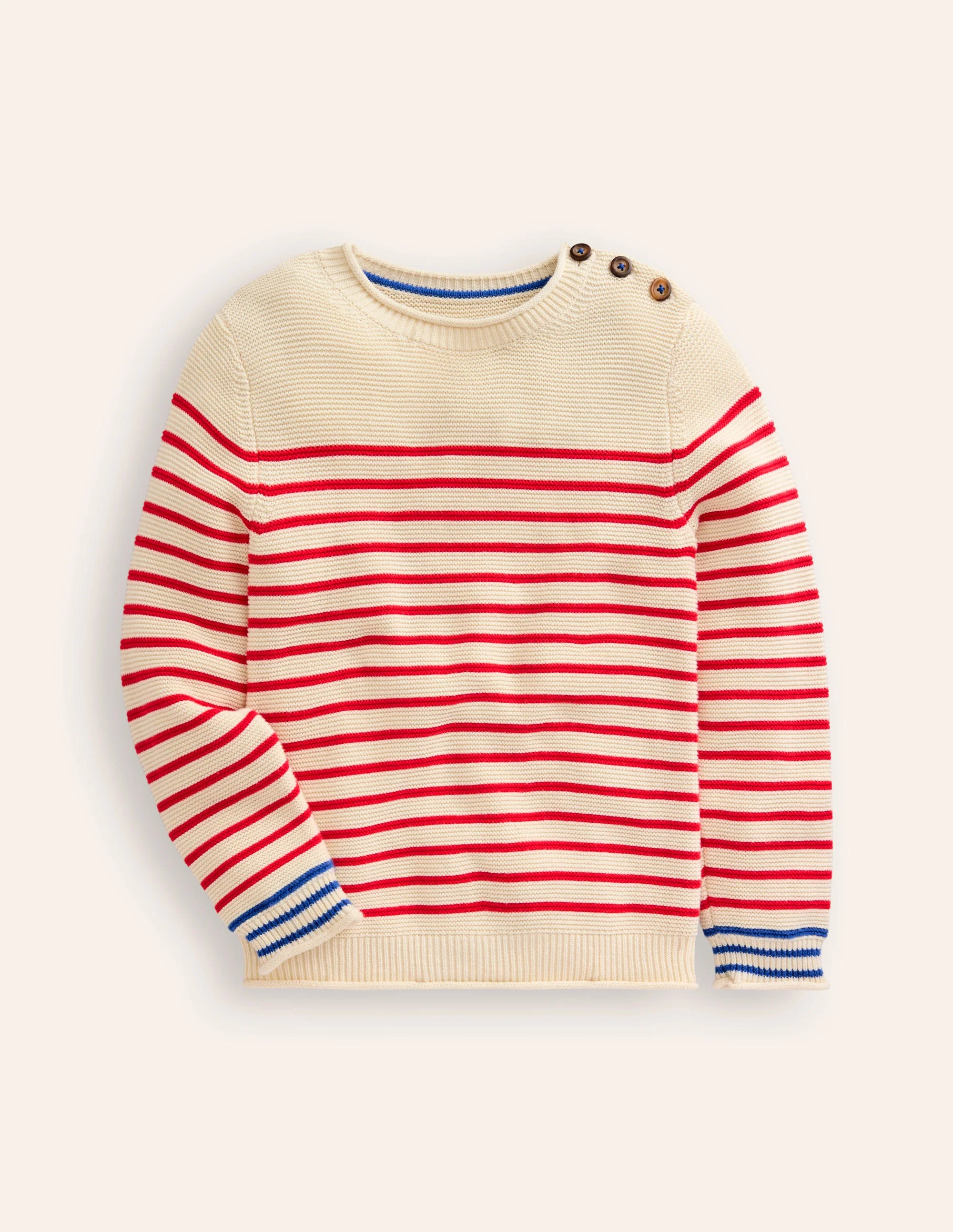 Everyday Stripe Cotton Sweater-Ecru Marl and Jam Red Stripe