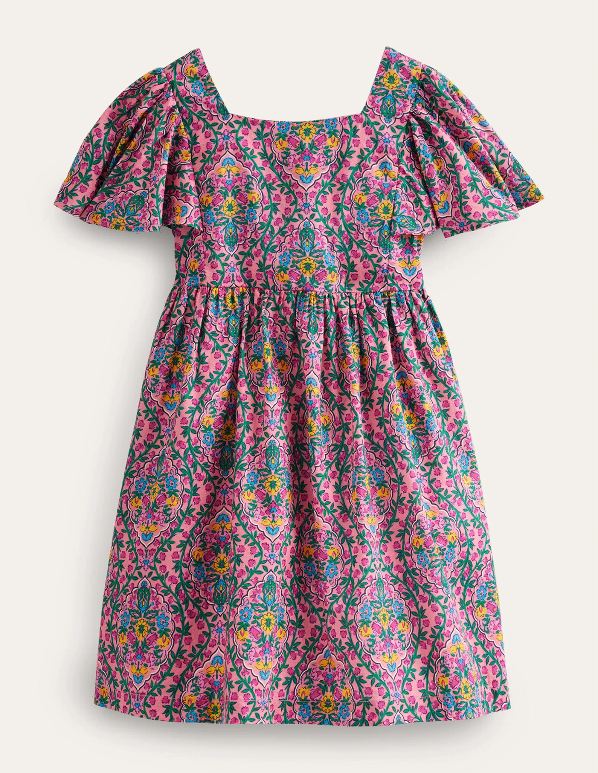 Flutter-Sleeve Printed Dress-Azalea Woodblock Vine