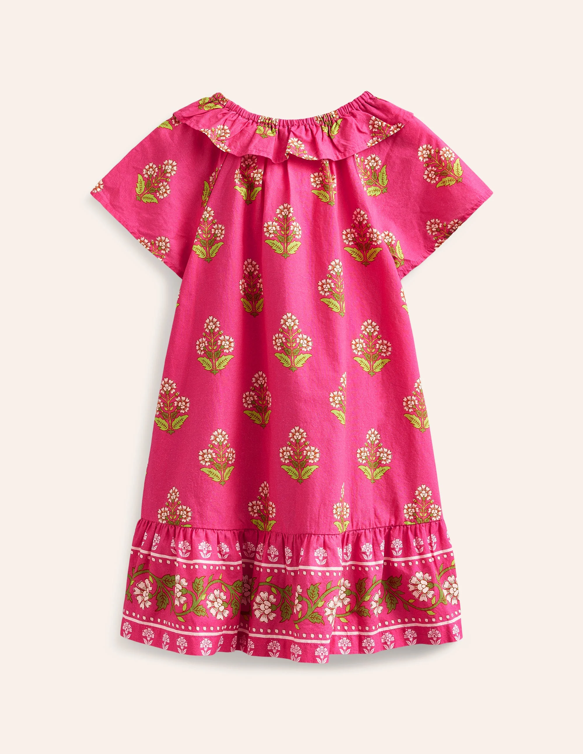 Frill Neck Woven Dress-Pink Small Woodblock - Image 2