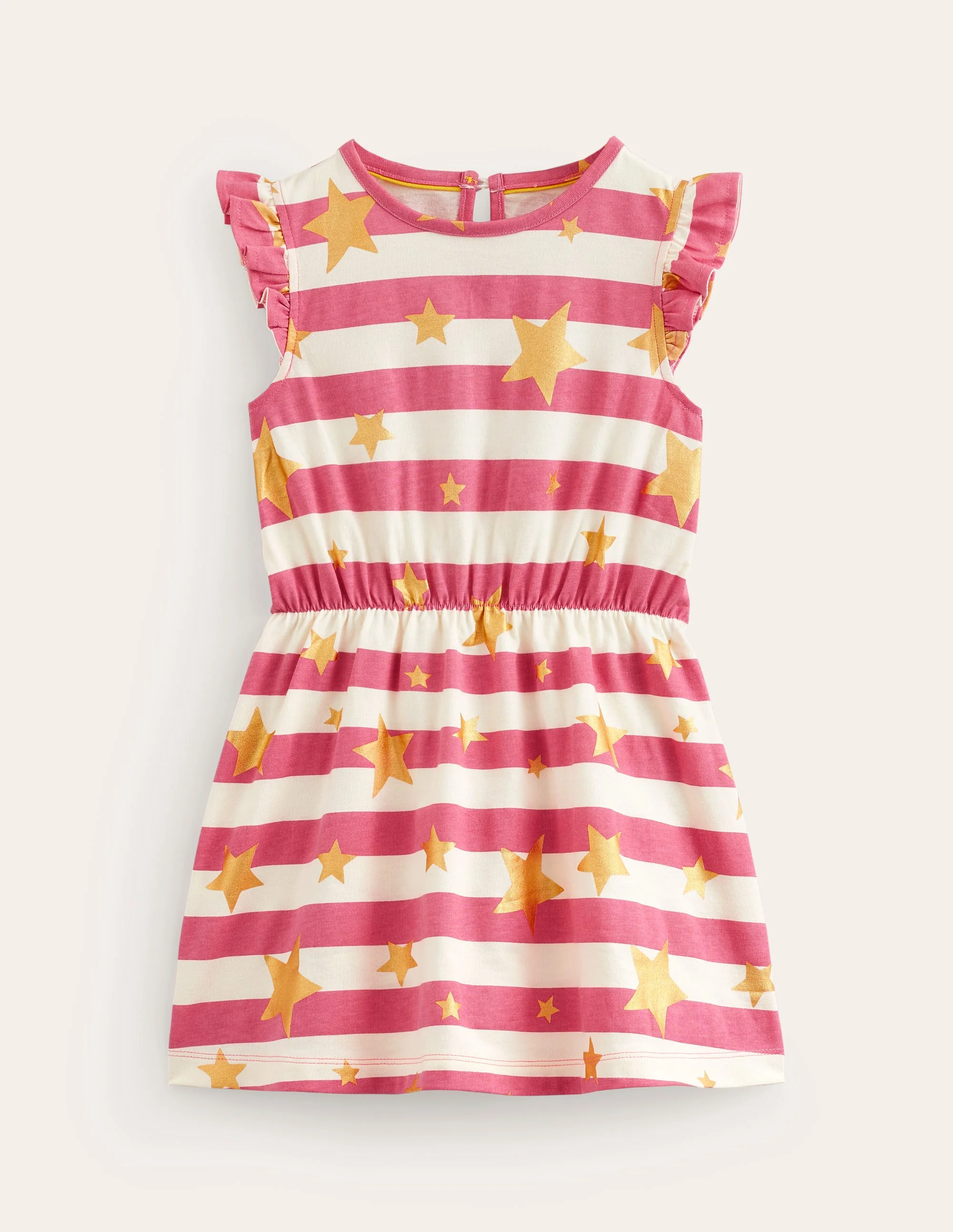 Frill Sleeve Jersey Dress-Rose Pink Gold Star Stripe
