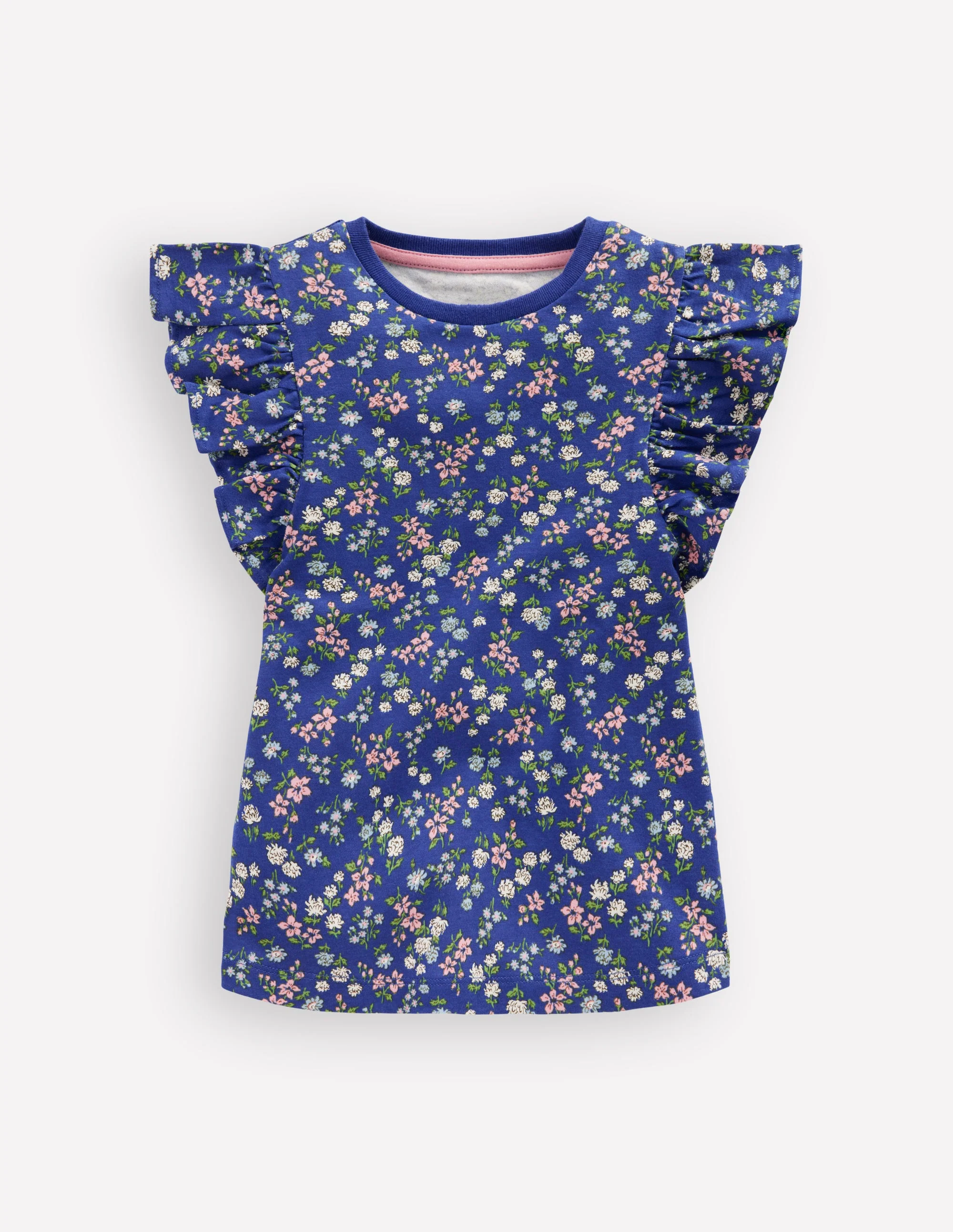Frill Sleeve Printed Top-Blue Ditsy Floral