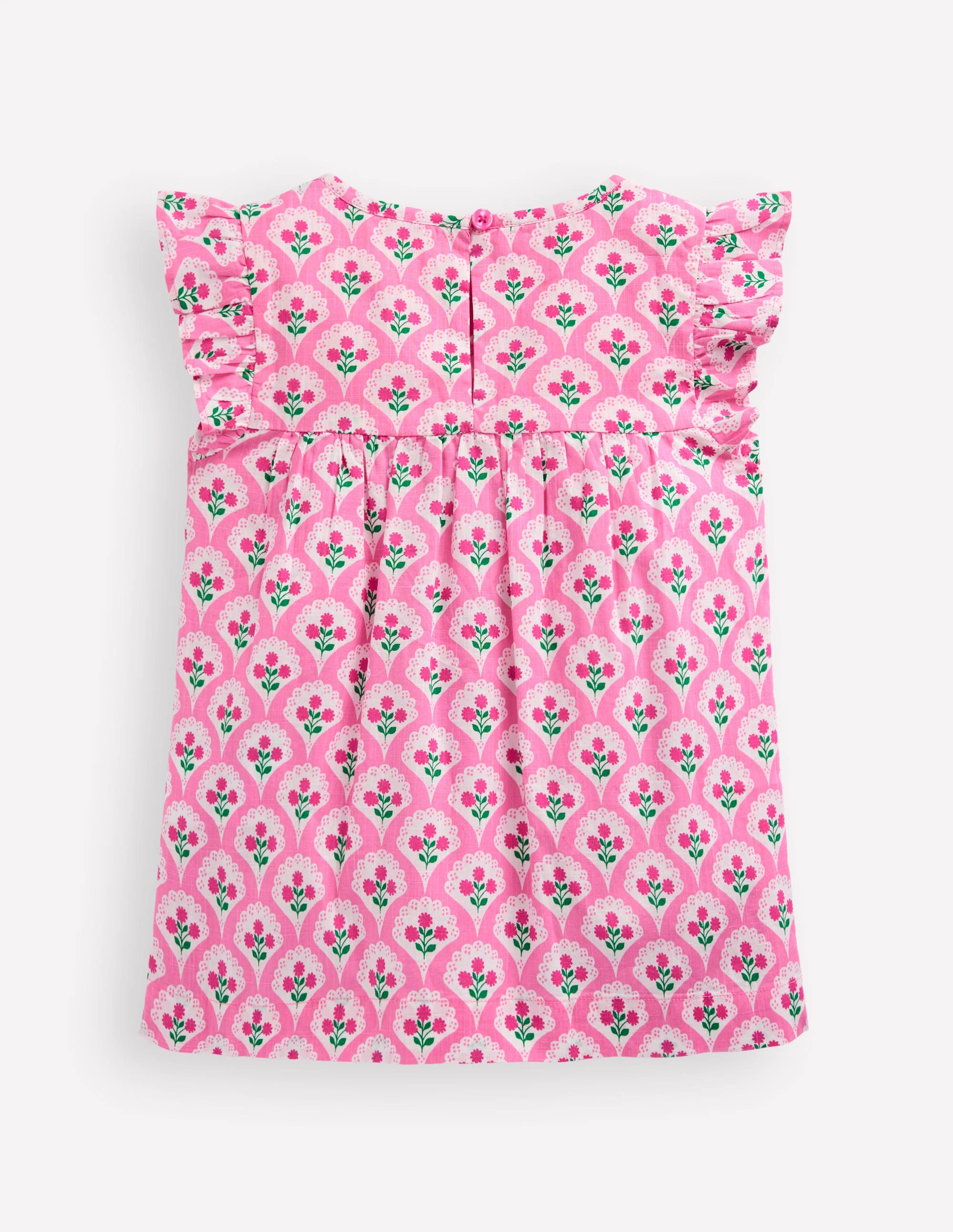 Frill Sleeve Woven Top-Pink Rose Woodblock Floral - Image 2