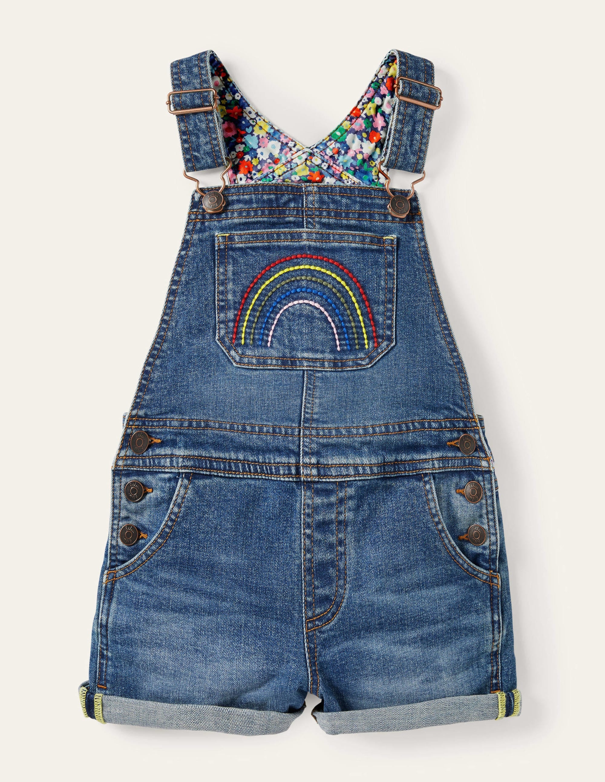 Fun Short Overalls-Light Vintage Denim Rainbow