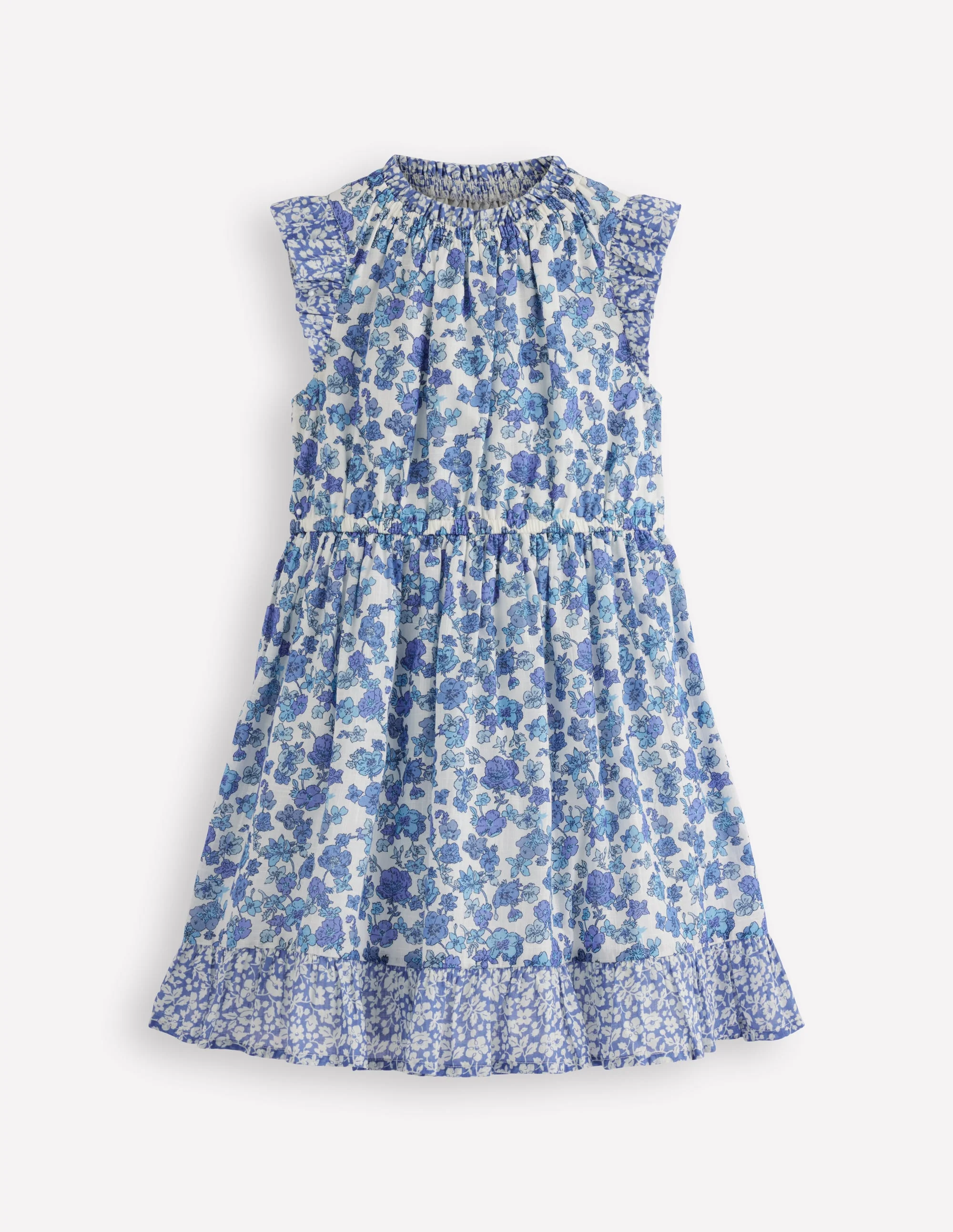 Gathered Woven Dress-Blue Sprig