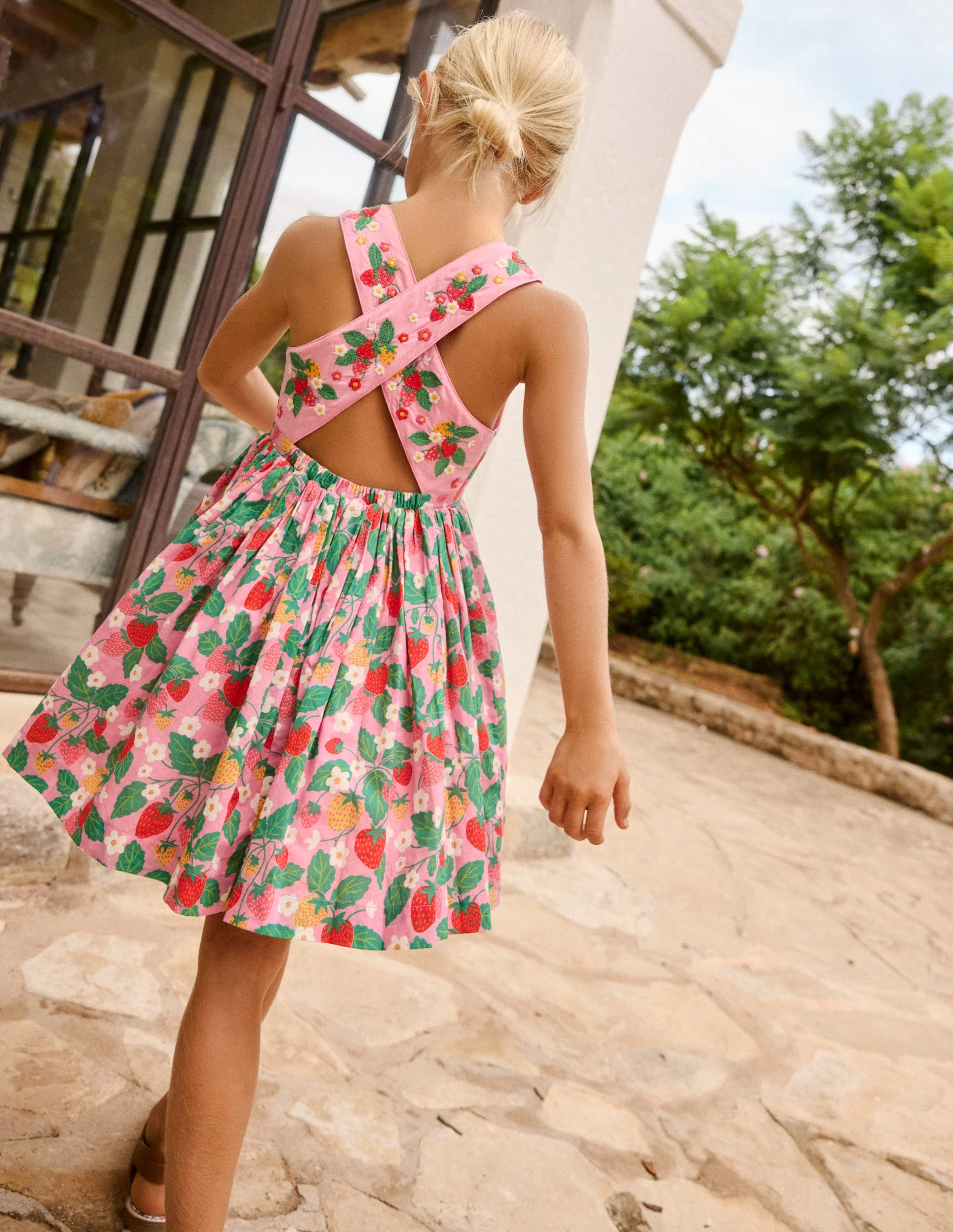 Harper Cross-Back Dress-Cosmos Pink Strawberry Patch - Image 5