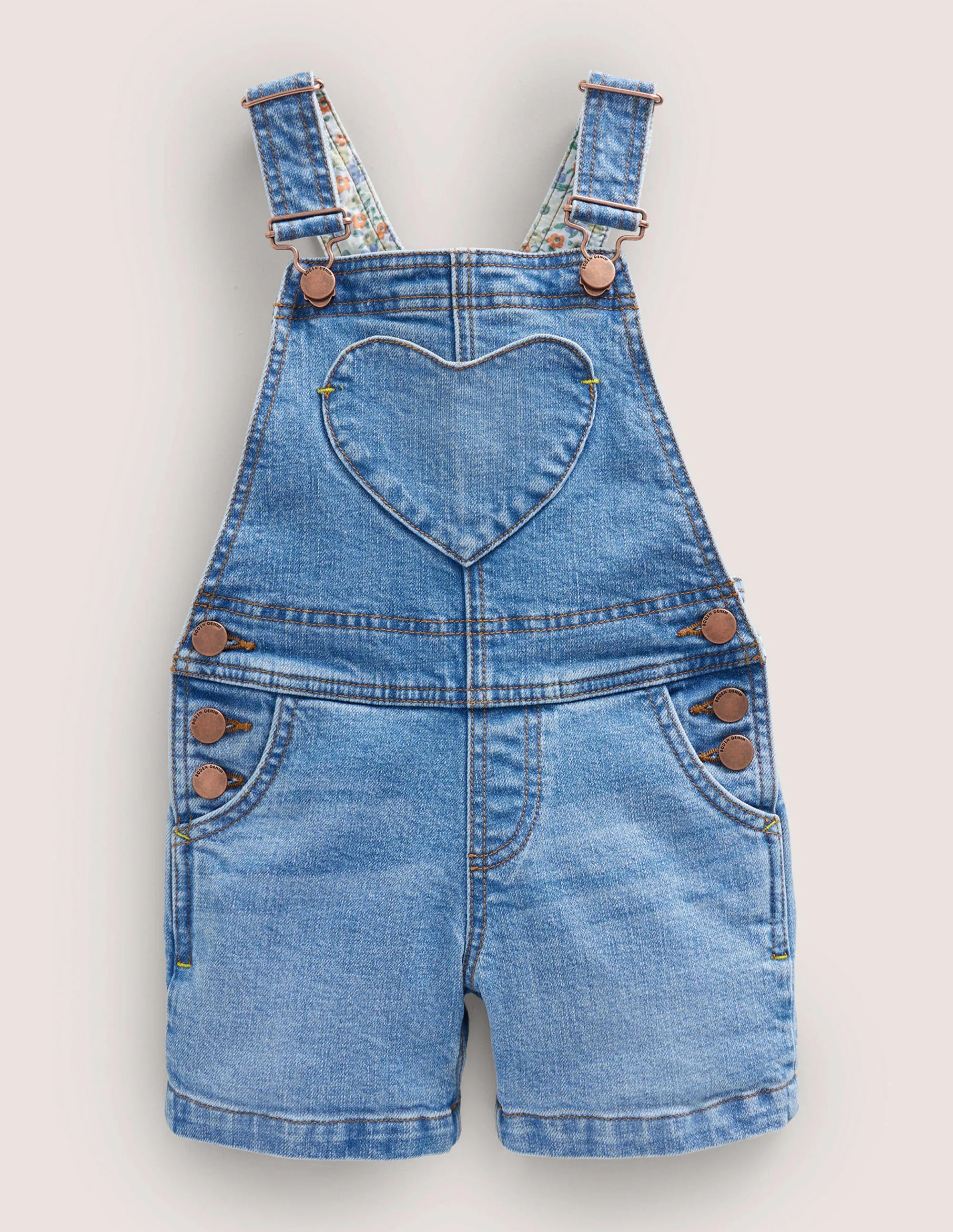Heart Pocket Short Overalls-Mid Vintage Denim