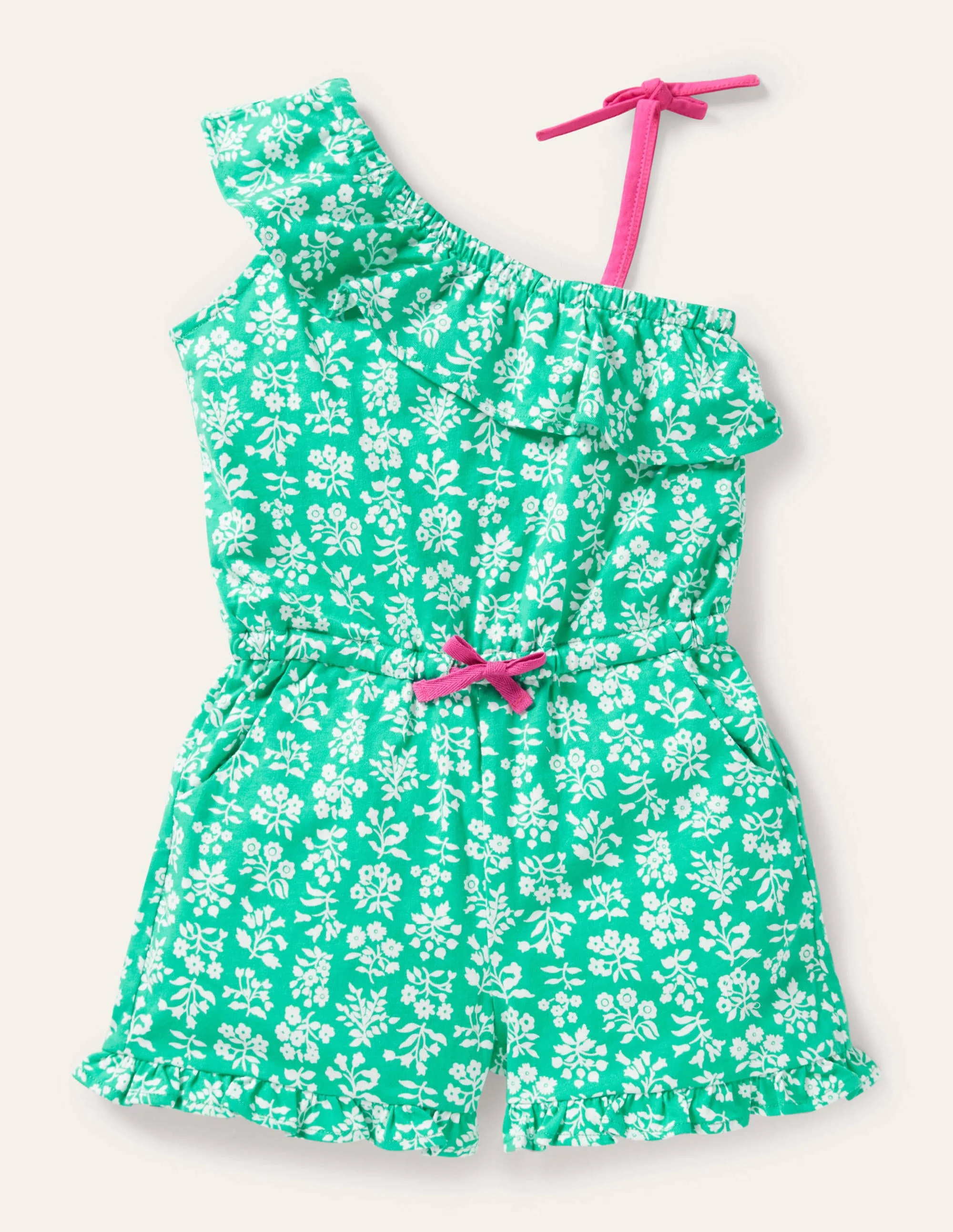 Jersey One Shoulder Romper-Tropical Green Woodblock