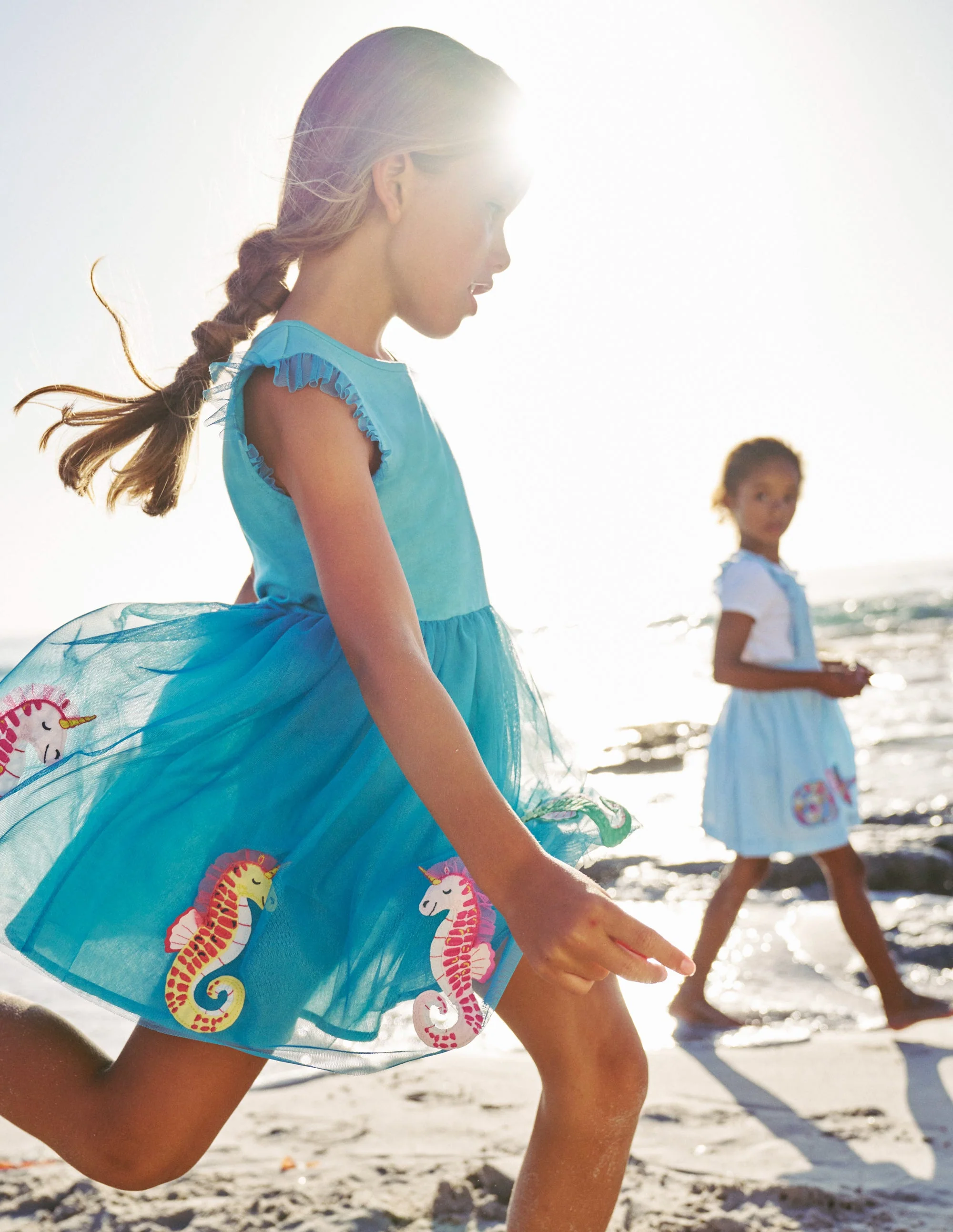 Jersey Tulle Appliqué Dress-Aqua Sea Blue Seahorses - Image 4