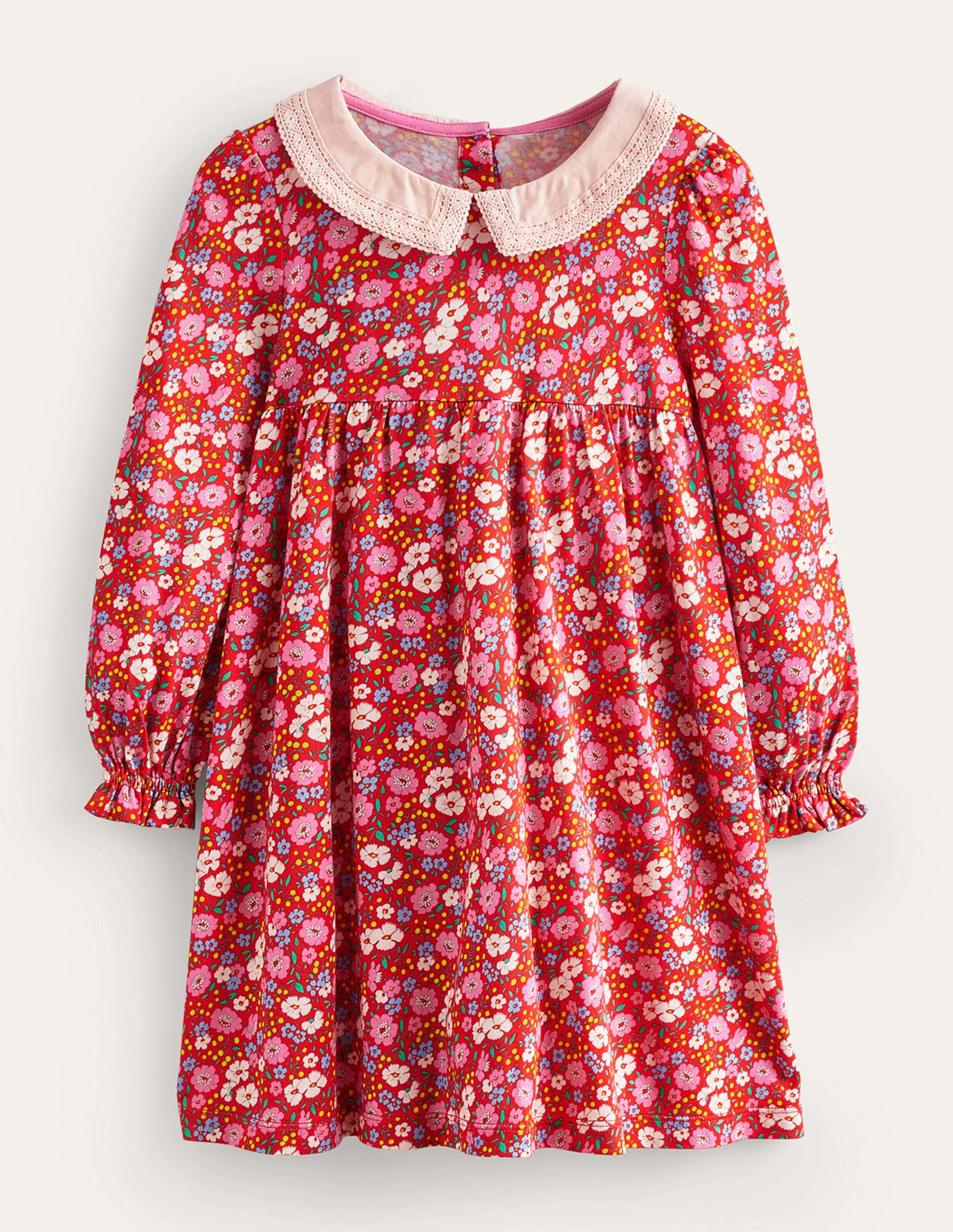 Lace Collar Jersey Dress-Brilliant Red Festive Flower