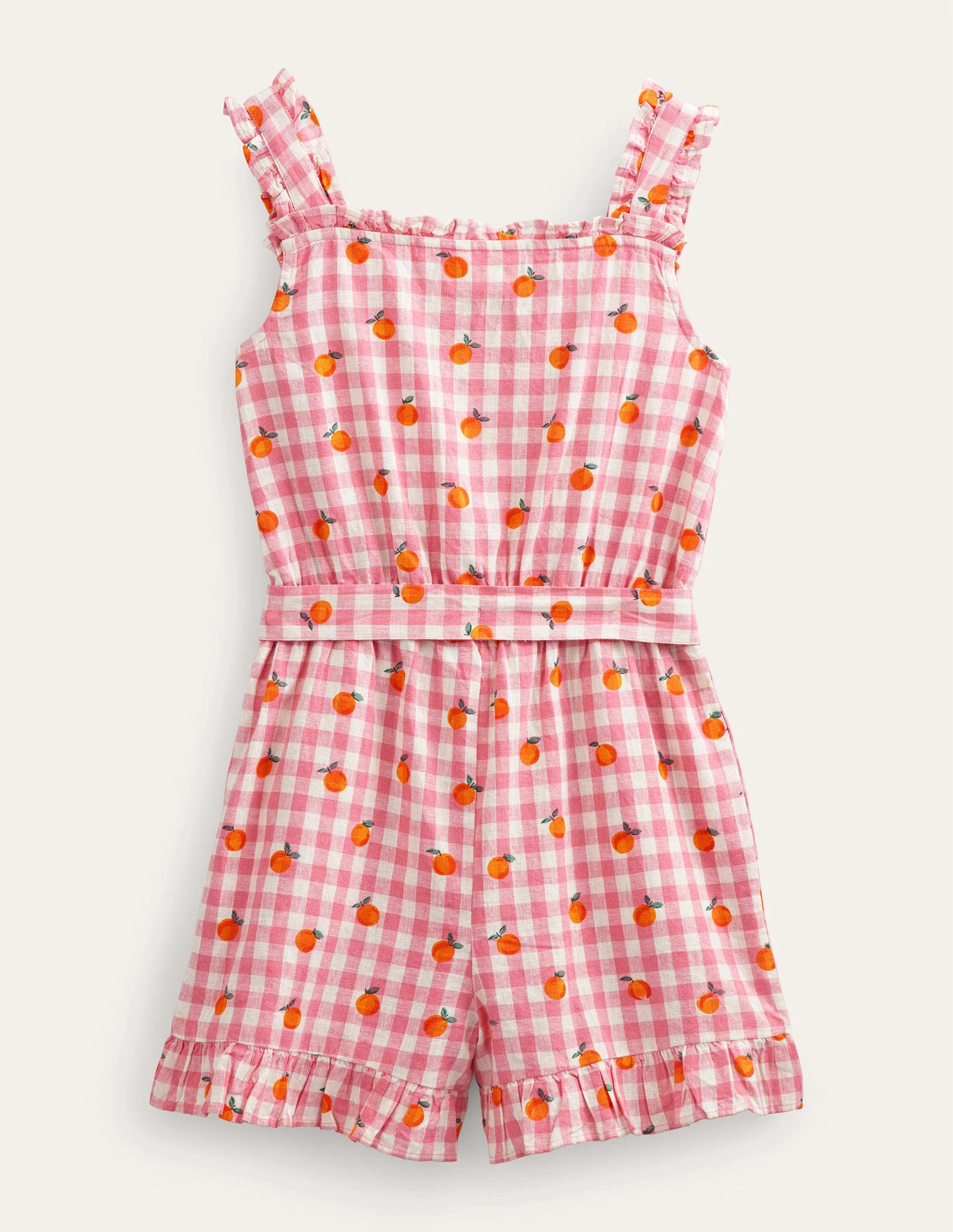 Linen-Cotton Ruffle Romper-Azalea and Ivory Gingham - Image 2